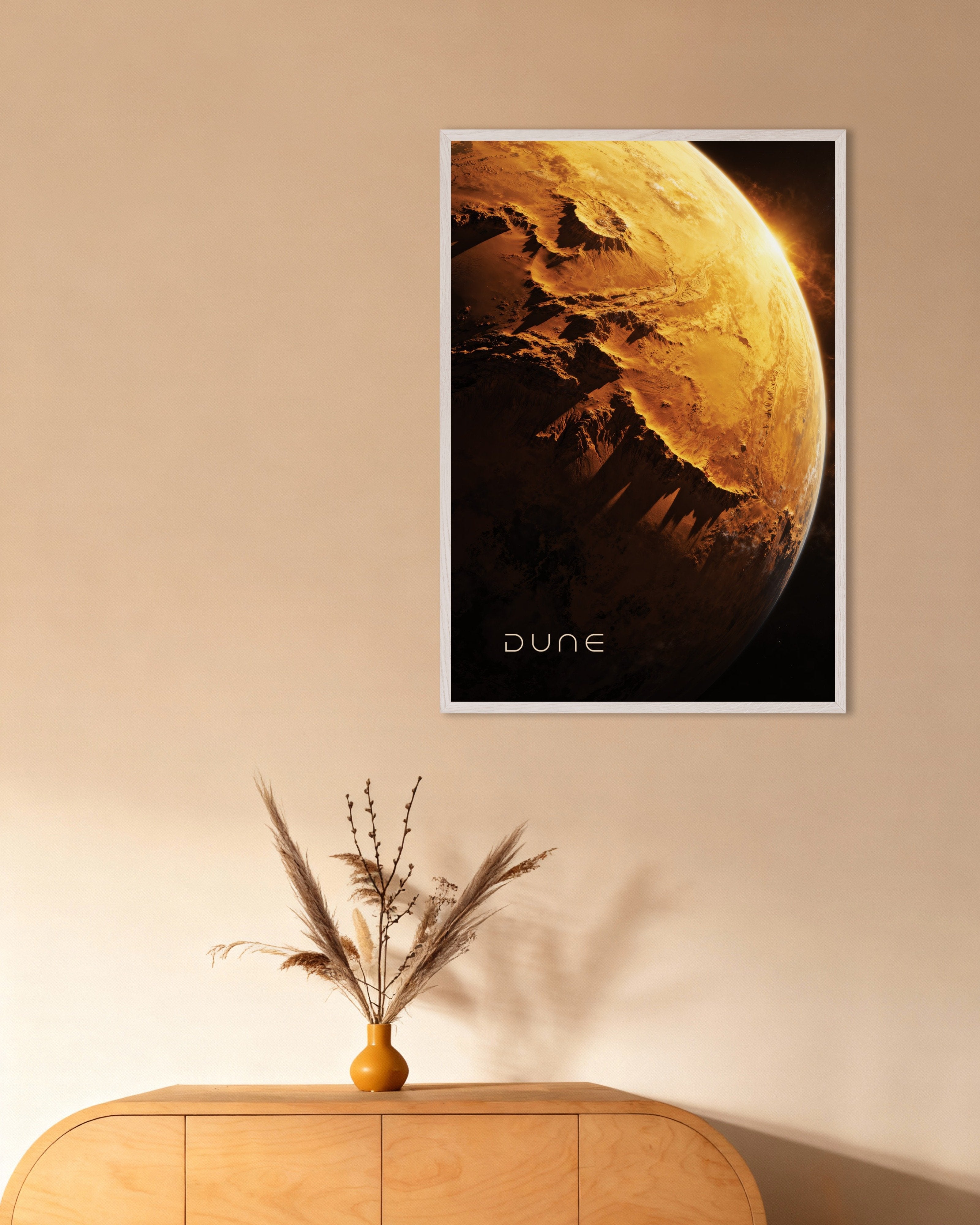 Poster of Golden Planet Poster, Sci-Fi Desert World Art Print, with white wooden frame