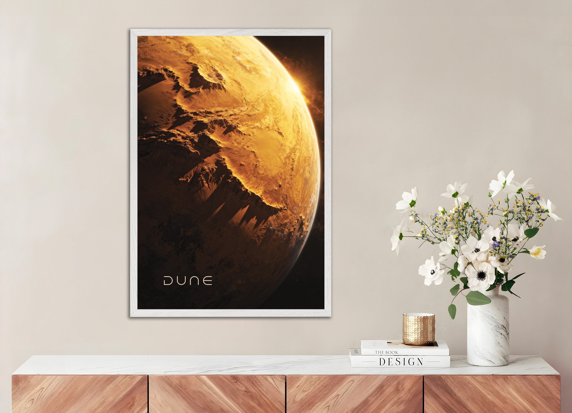 Poster of Golden Planet Poster, Sci-Fi Desert World Art Print, with white wooden frame