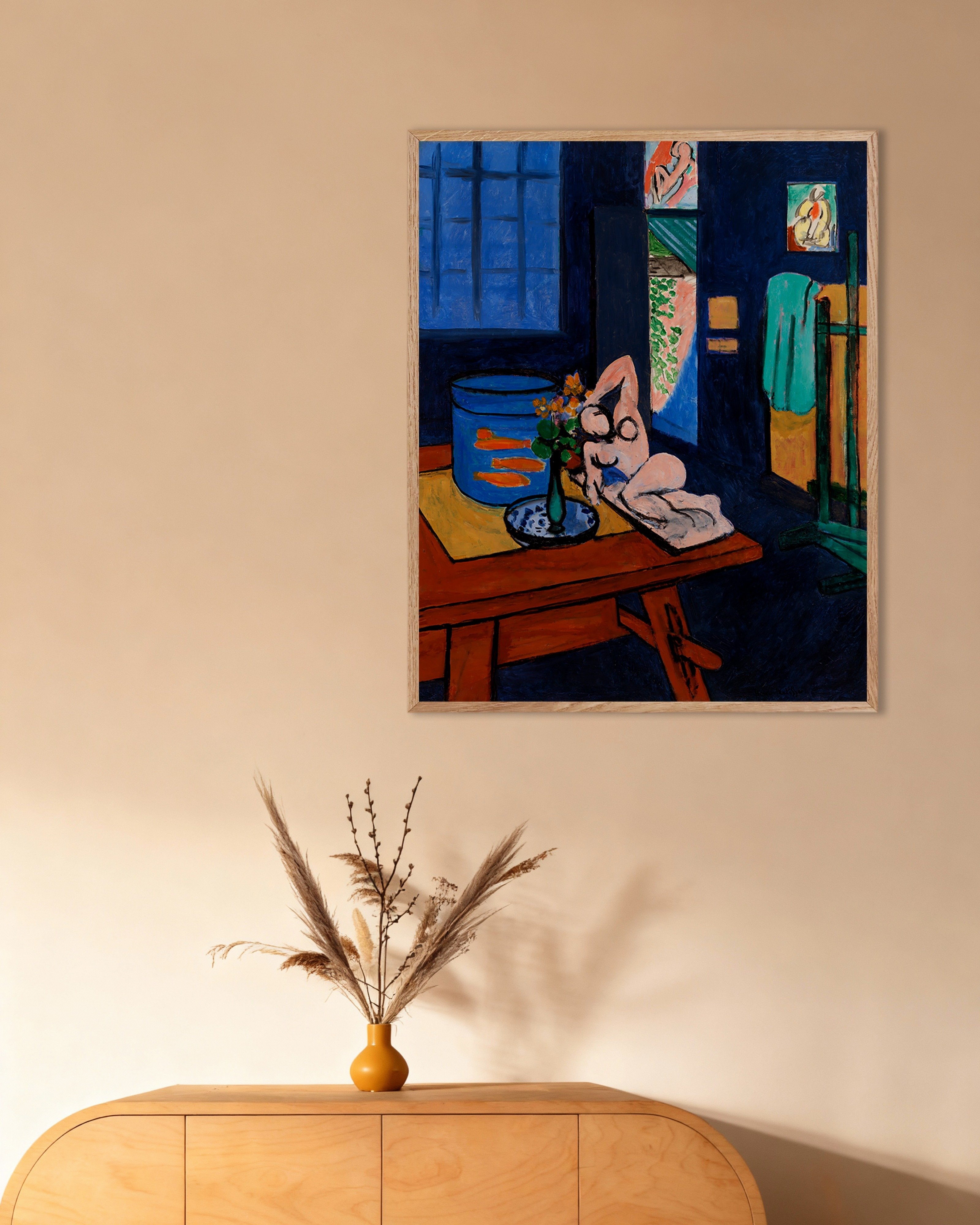 Poster of Goldfish and sculpture (1911) by Henri Matisse, with natural wooden frame