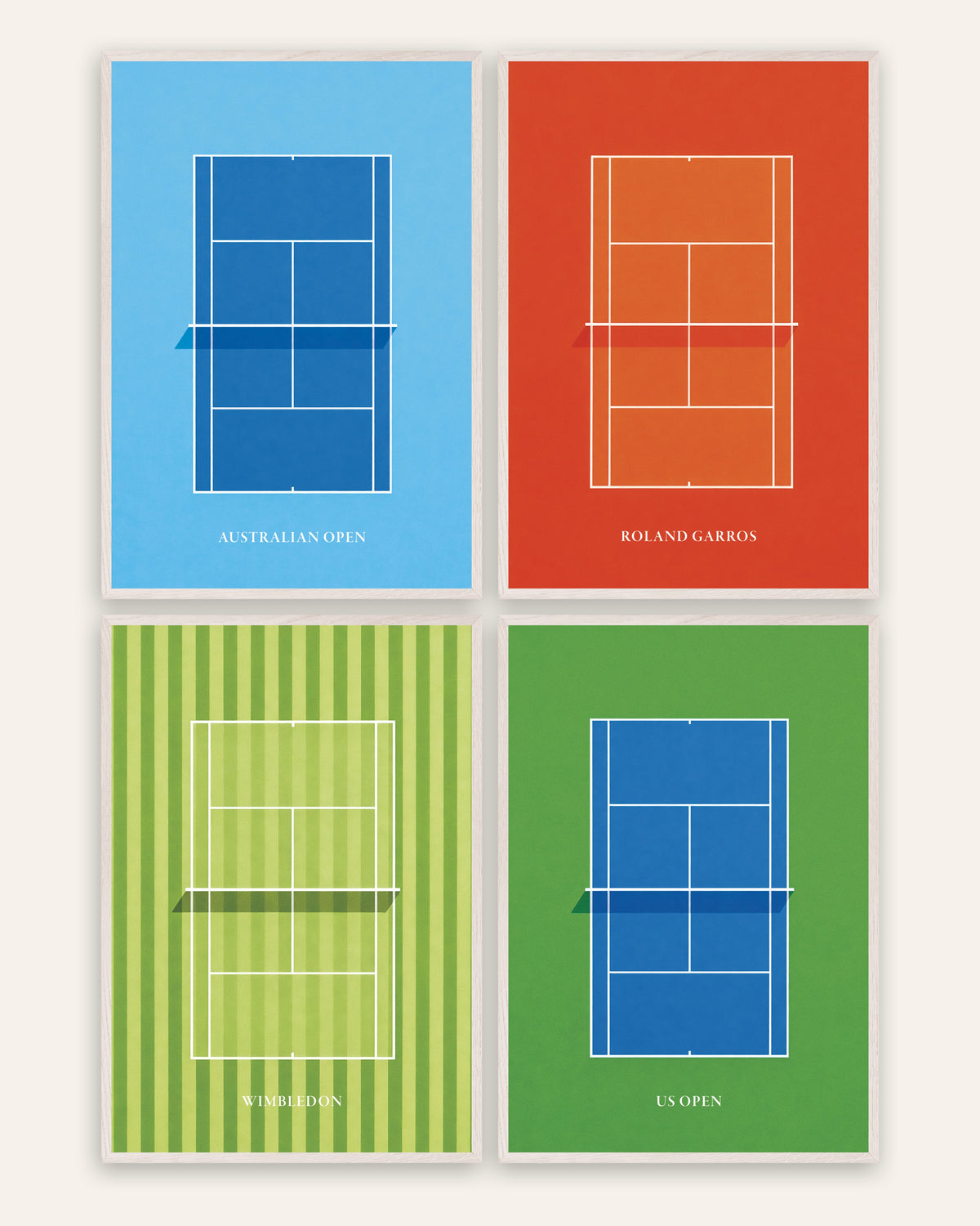 Poster tennis Grande Slam, set da 4: Australian Open, Roland Garros, Wimbledon e US Open, con cornici in rovere bianco