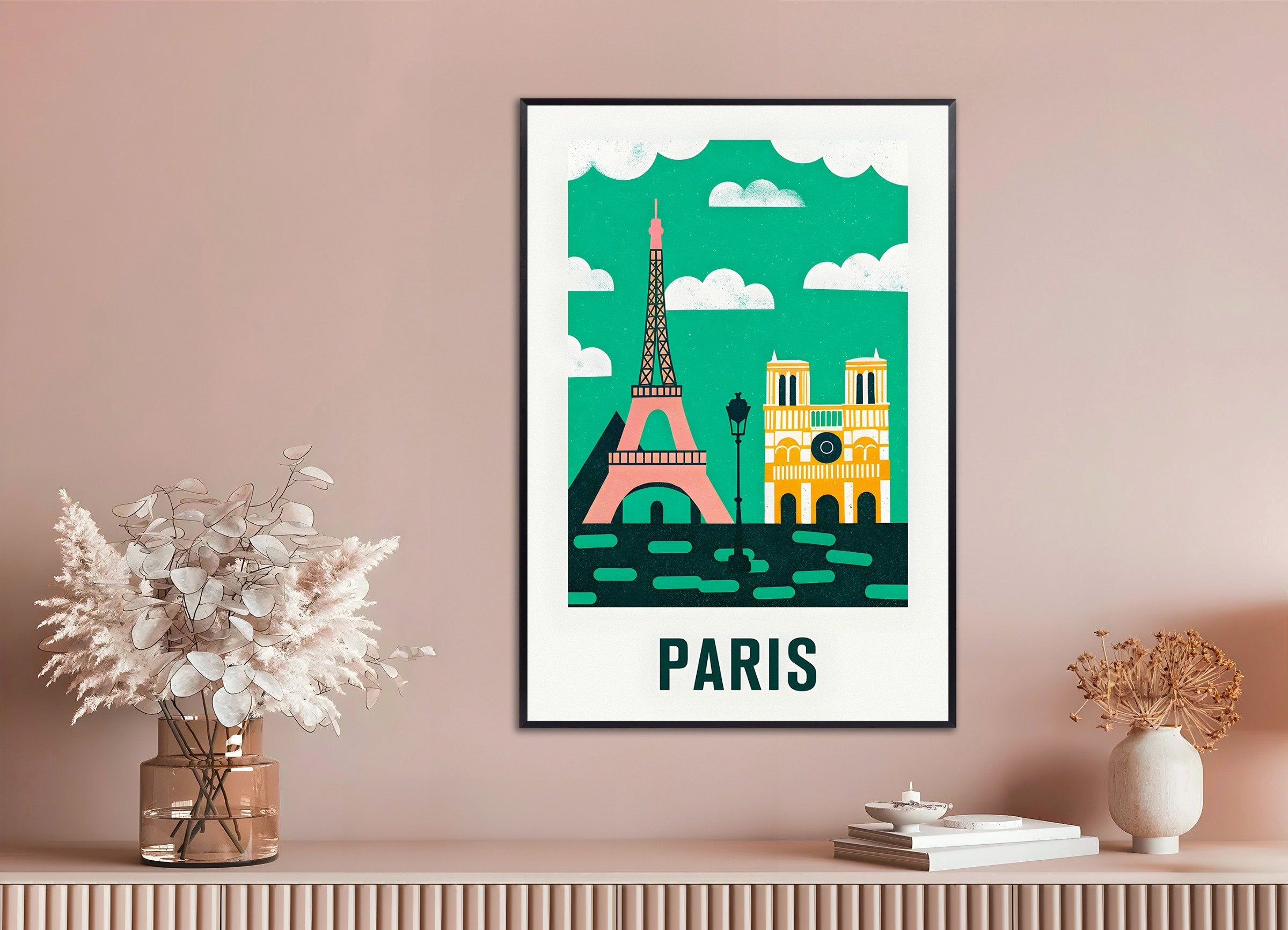Poster of Graphic Modern Illustration of the Eiffel Tower & Notre-Dame - Paris Poster, with metal frame