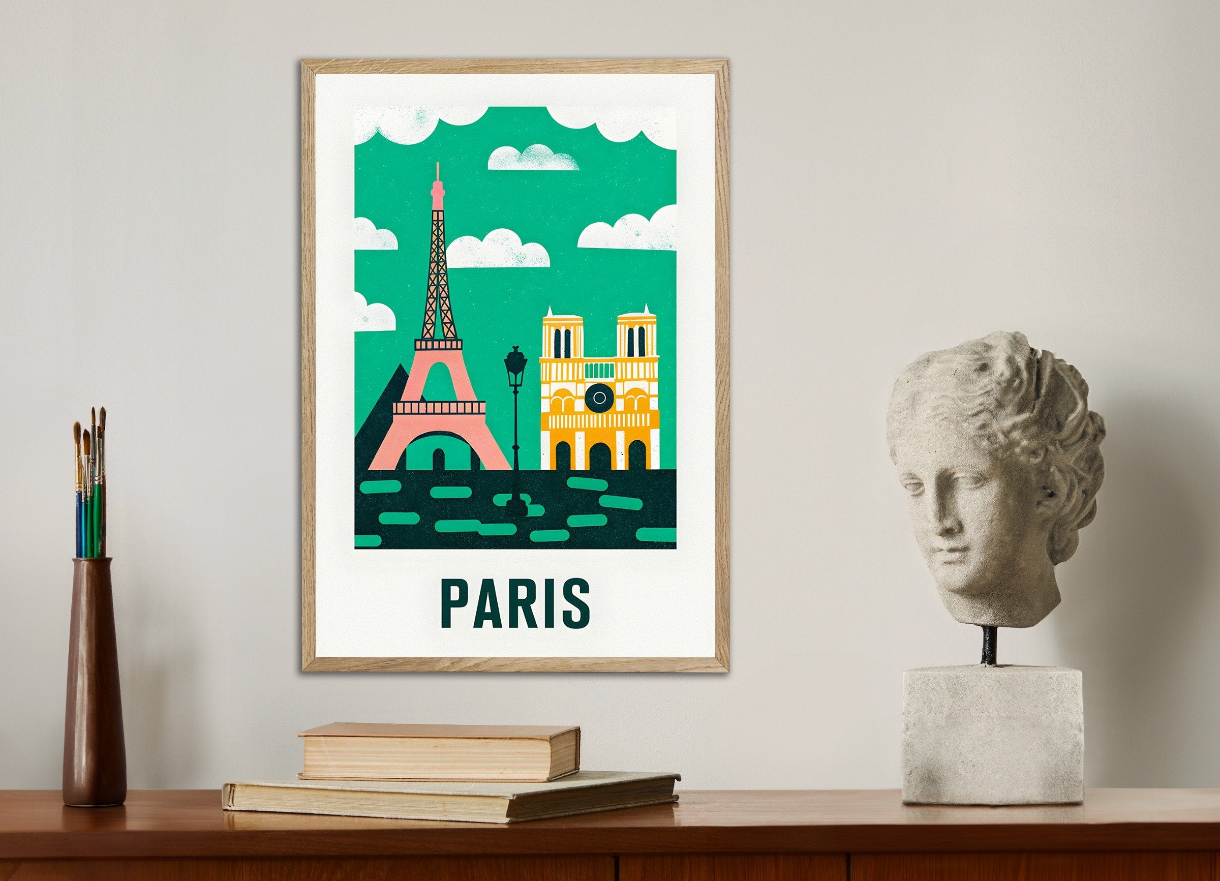 Poster of Graphic Modern Illustration of the Eiffel Tower & Notre-Dame - Paris Poster, with natural wooden frame