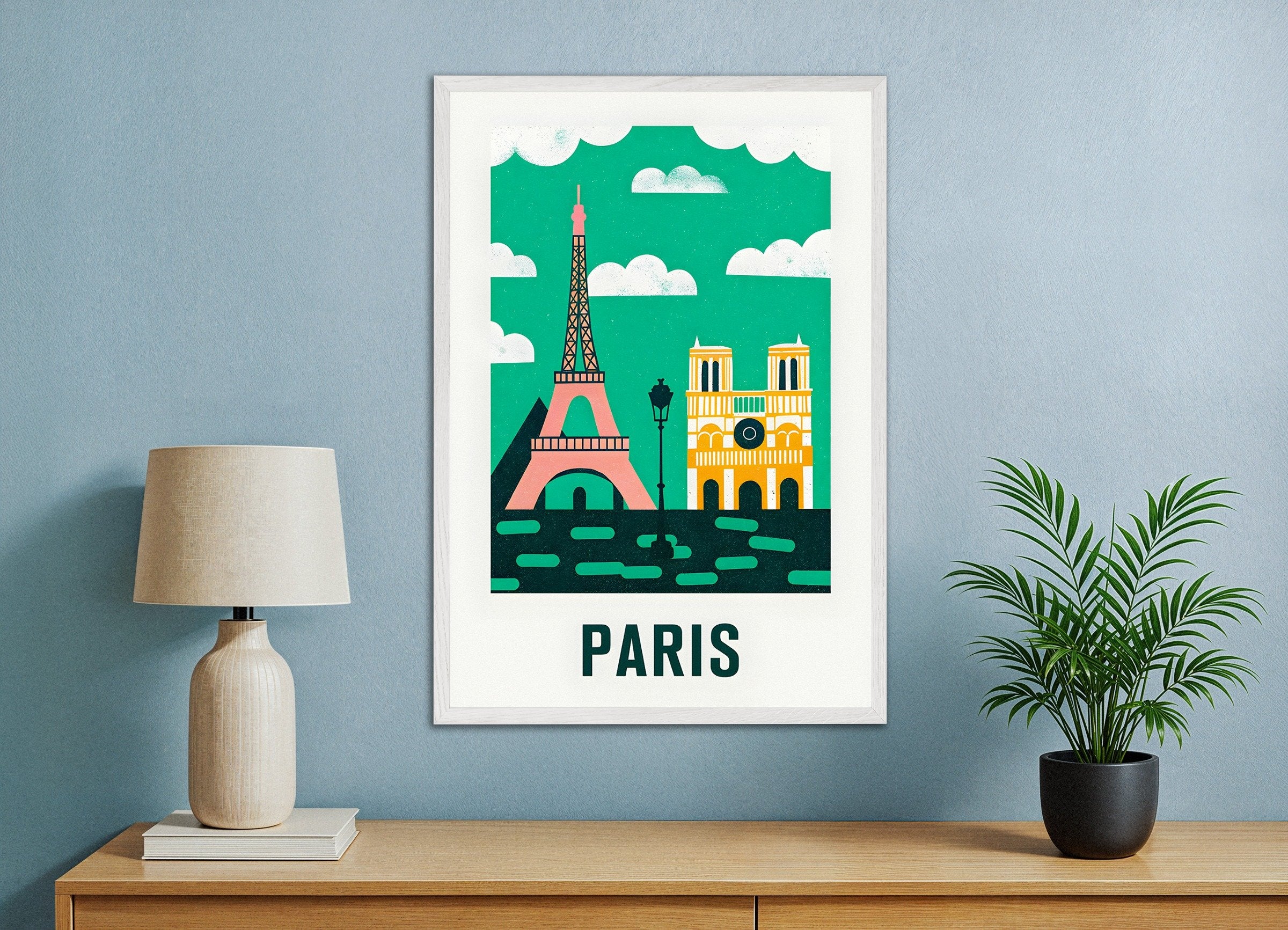 Poster of Graphic Modern Illustration of the Eiffel Tower & Notre-Dame - Paris Poster, with white wooden frame