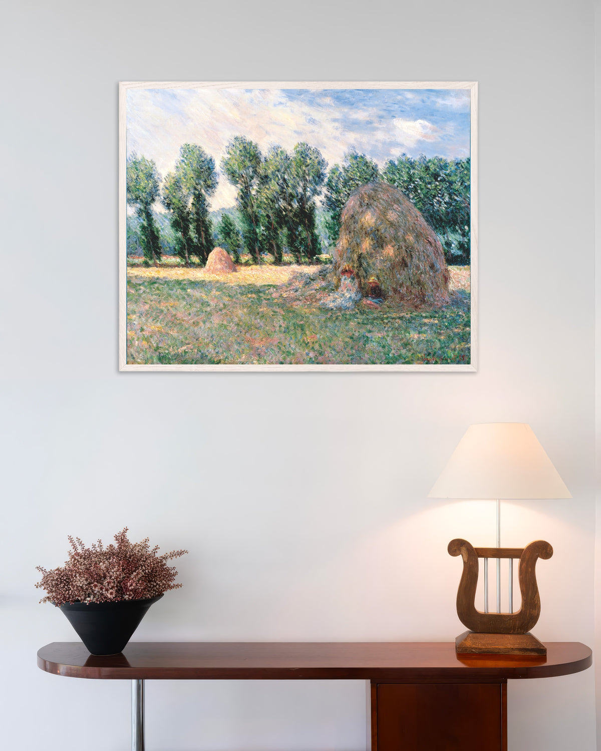 Poster Heuschober (1885) von Claude Monet mit weißem Holzrahmen