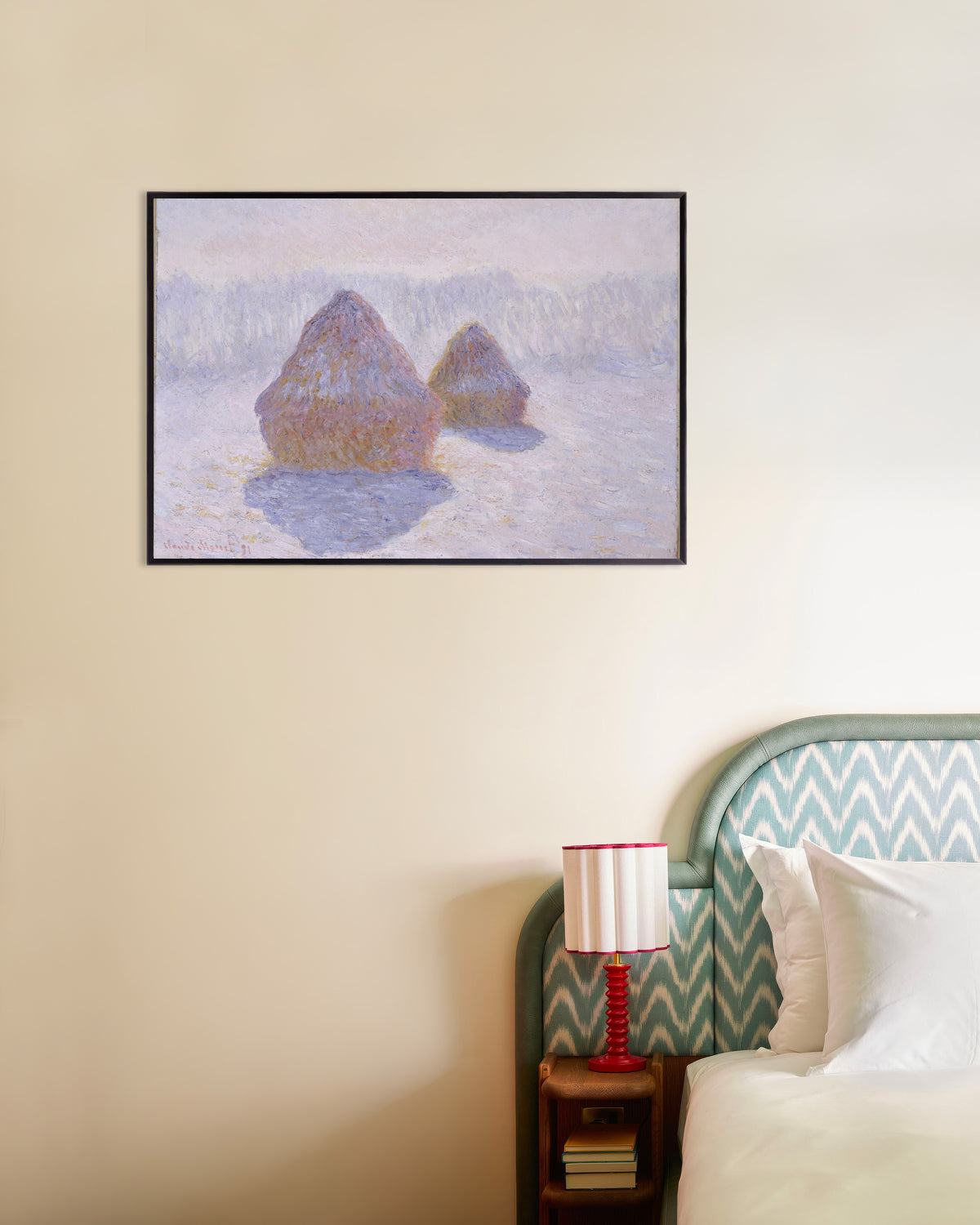 Poster Getreideschober, Schnee und Sonne (1891) von Claude Monet mit Metallrahmen