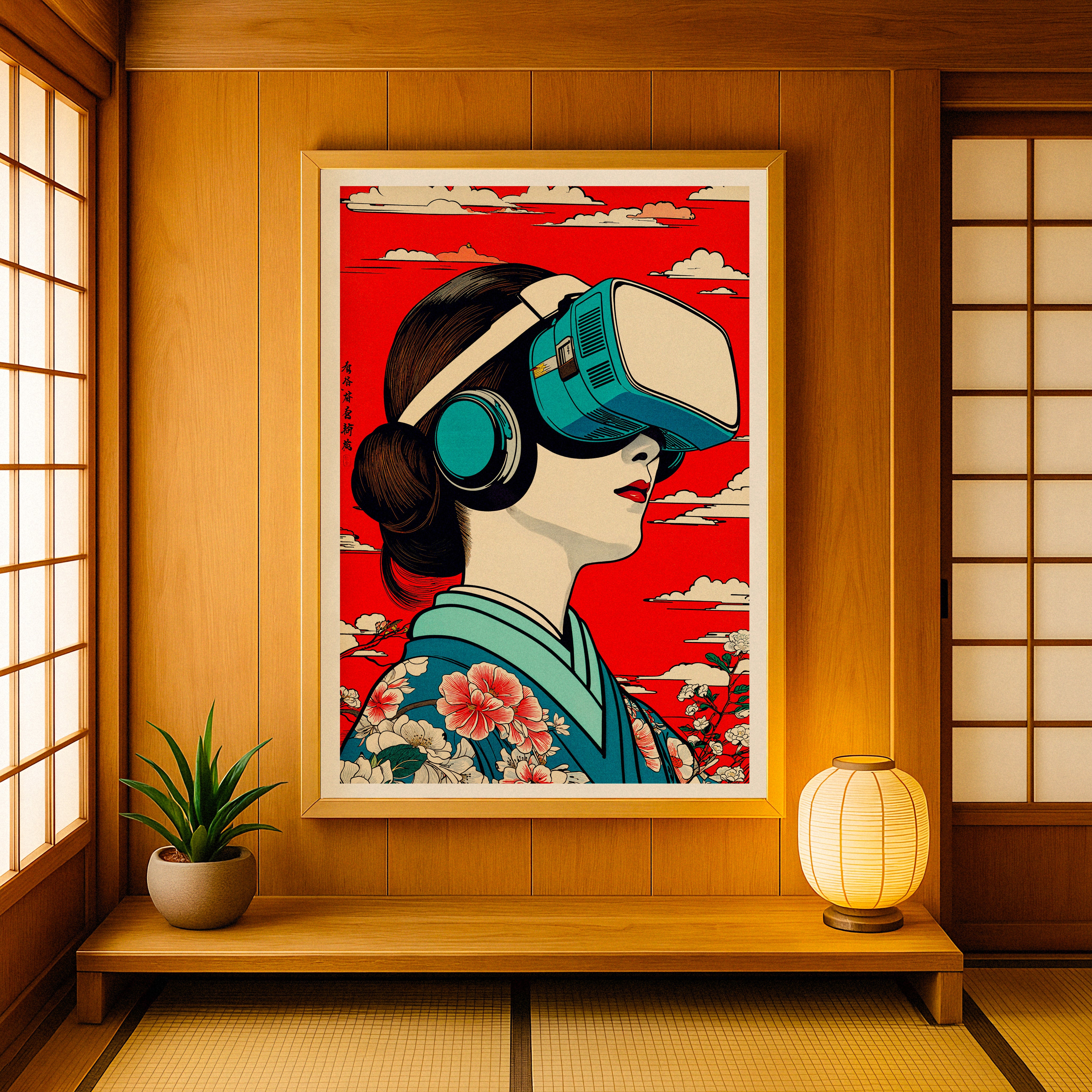 Framed artwork of a person wearing VR goggles in a traditional Japanese room with a lamp and plant.