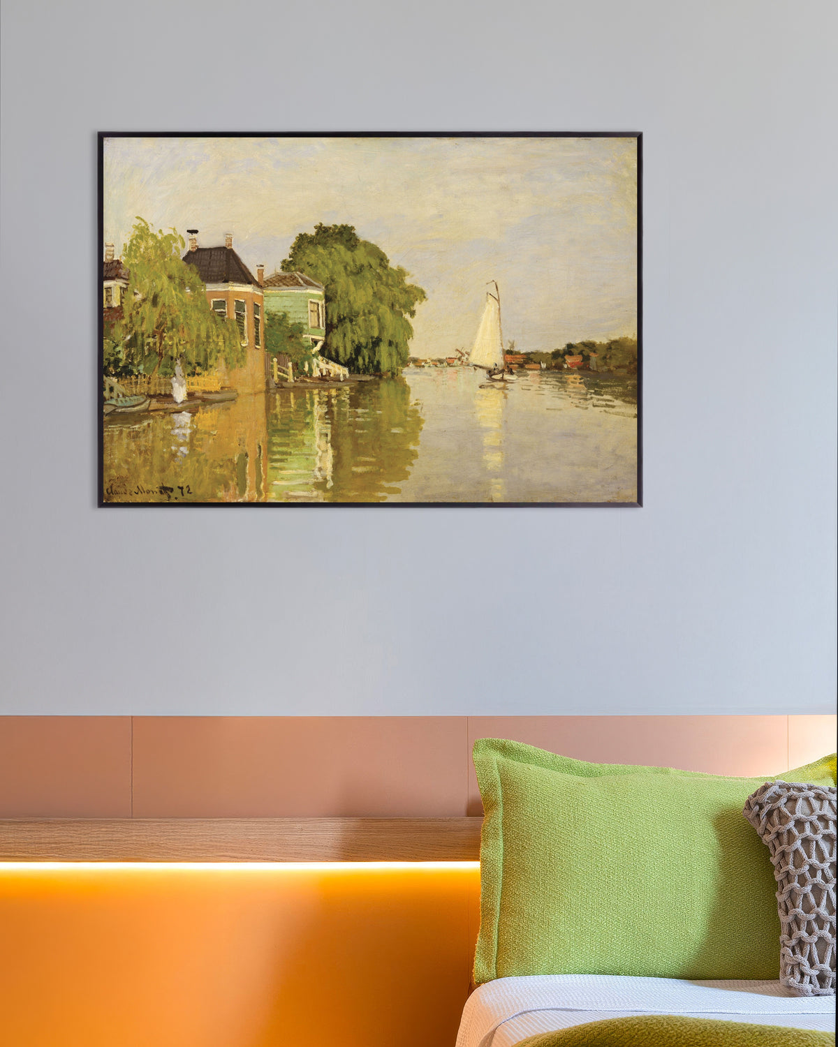 Affiche Maisons sur l'Achterzaan (1871) de Claude Monet, avec un cadre en métal