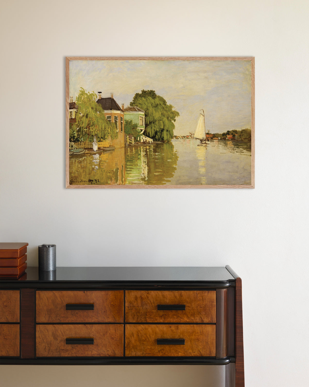 Affiche Maisons sur l'Achterzaan (1871) de Claude Monet, avec un cadre en bois naturel