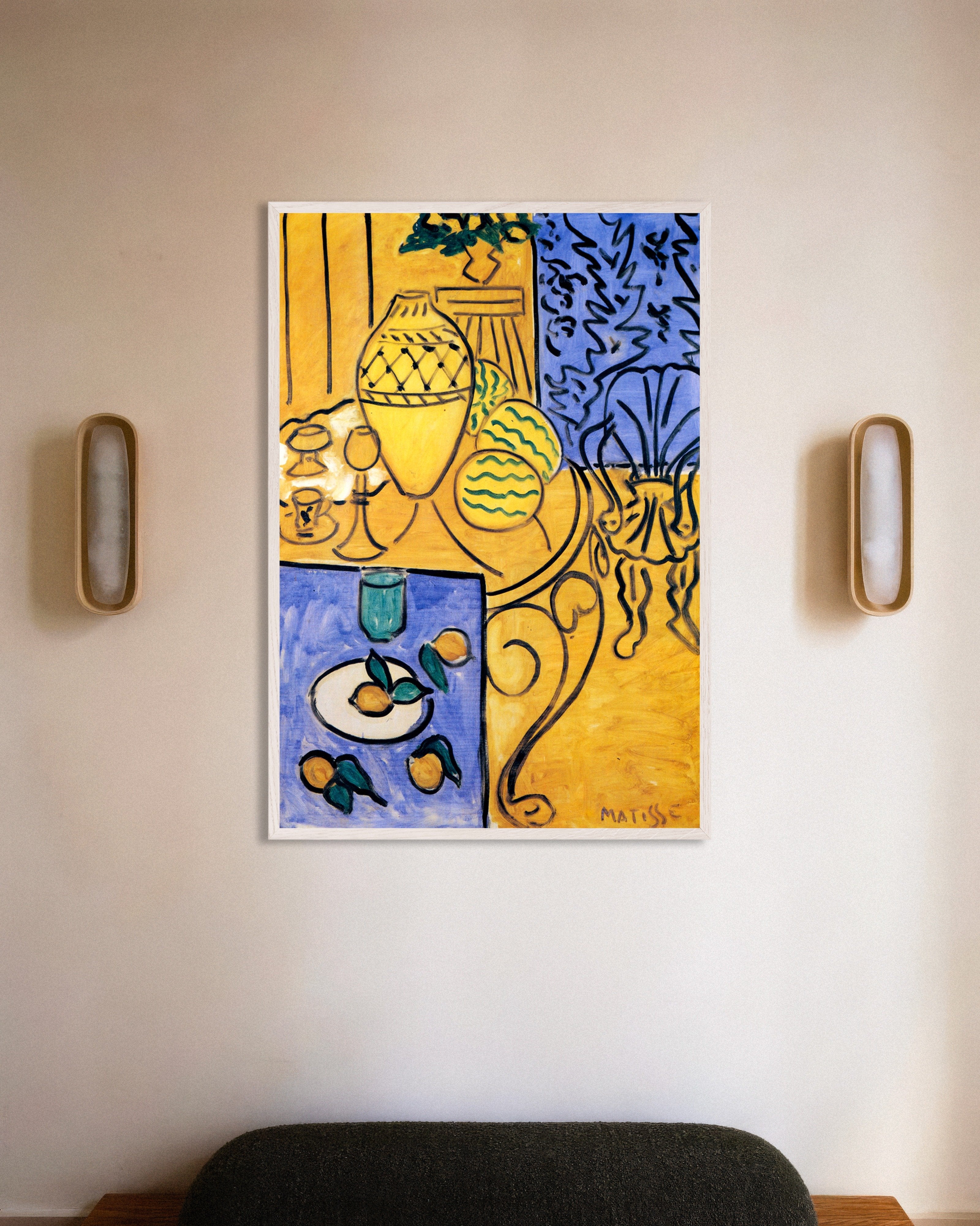Poster of Interior, yellow & blue (1946) by Henri Matisse, with white wooden frame