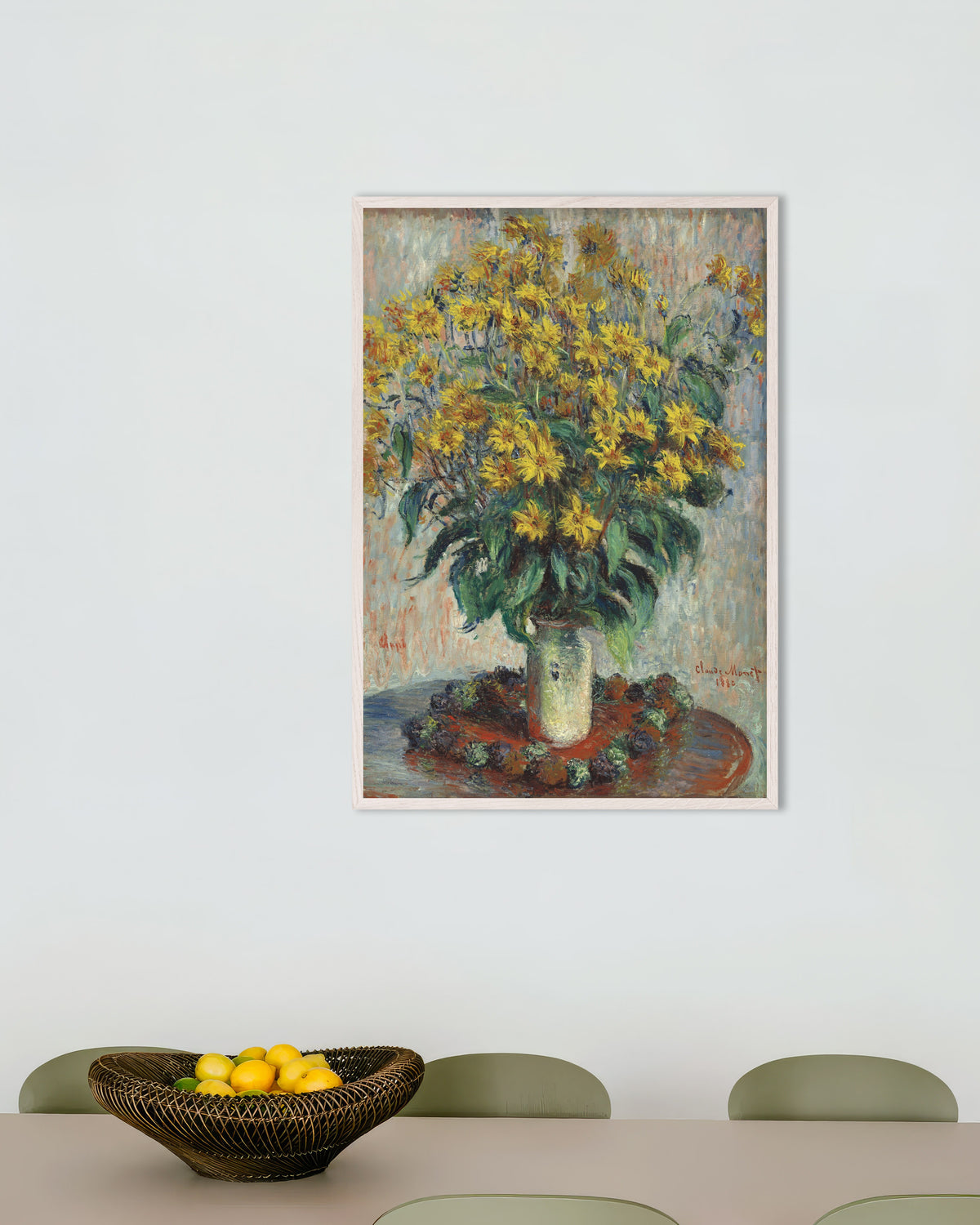 Affiche Fleurs de topinambours (1880) de Claude Monet, avec un cadre en bois blanc