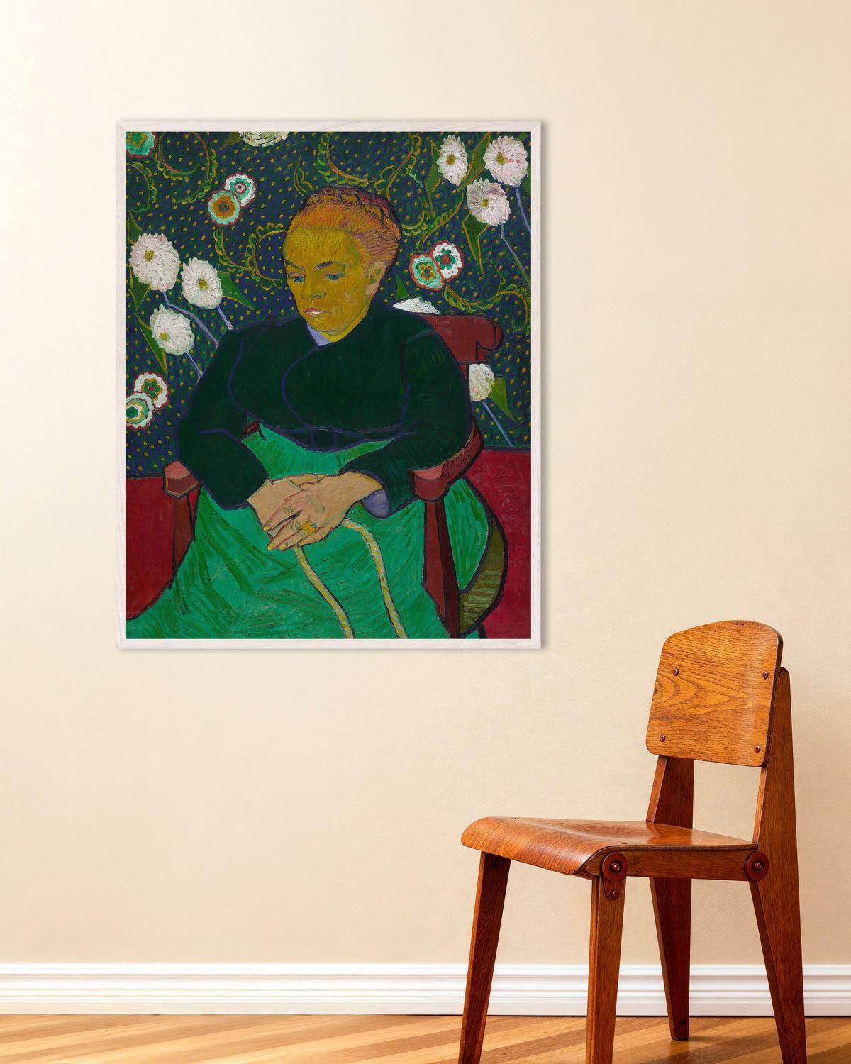 Poster di La Berceuse, Madame Roulin che dondola la culla (1889) di Vincent van Gogh, con cornice in legno bianco