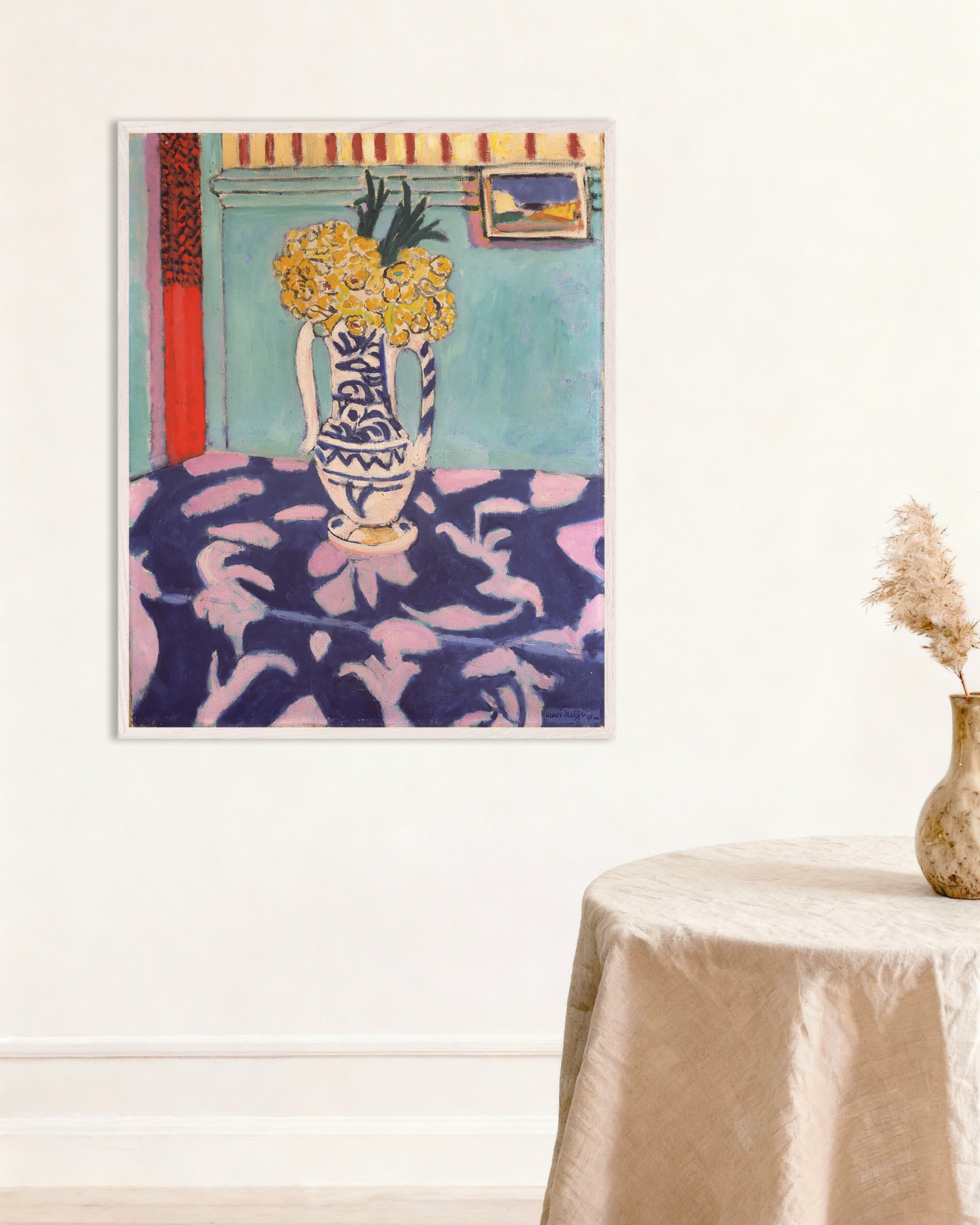 Poster of Les coucous, tapis bleu et rose (1911) by Henri Matisse, with white wooden frame