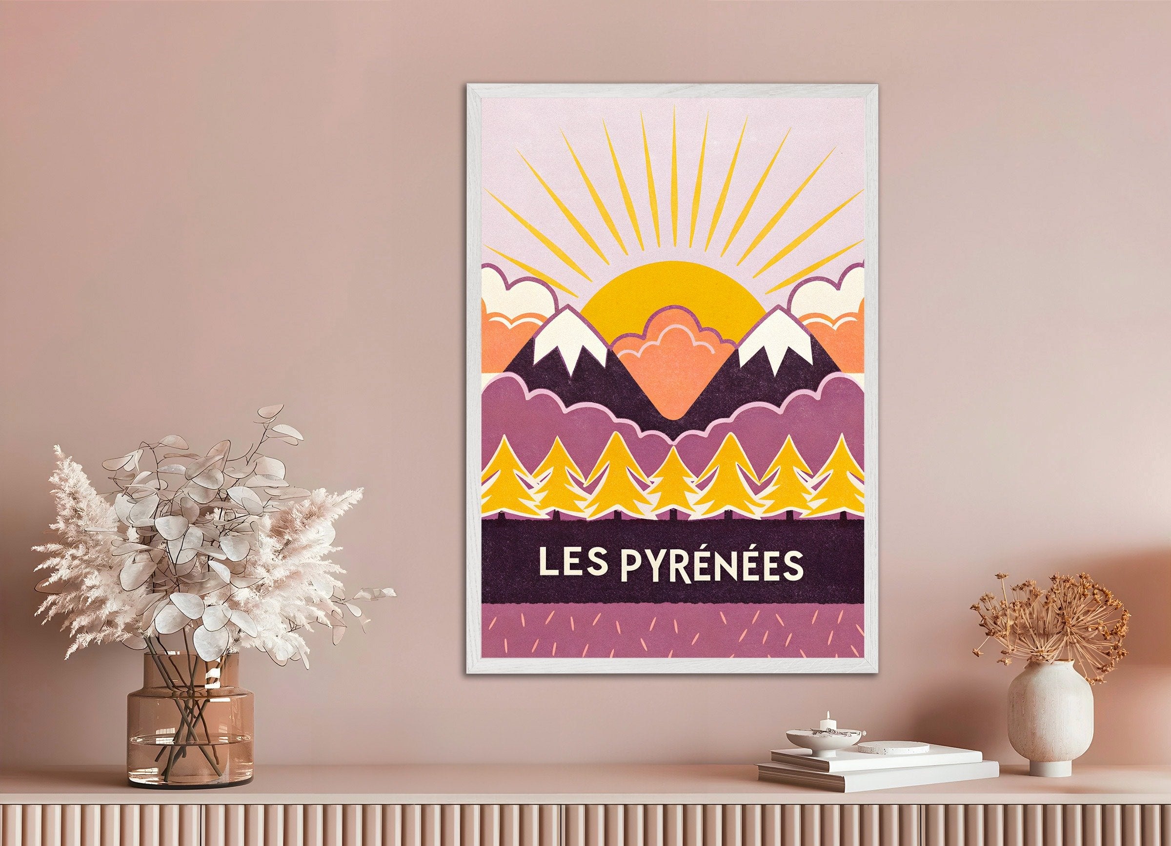 Poster of Les Pyrénées – Sunset Mountain Graphic Art Print, with white wooden frame