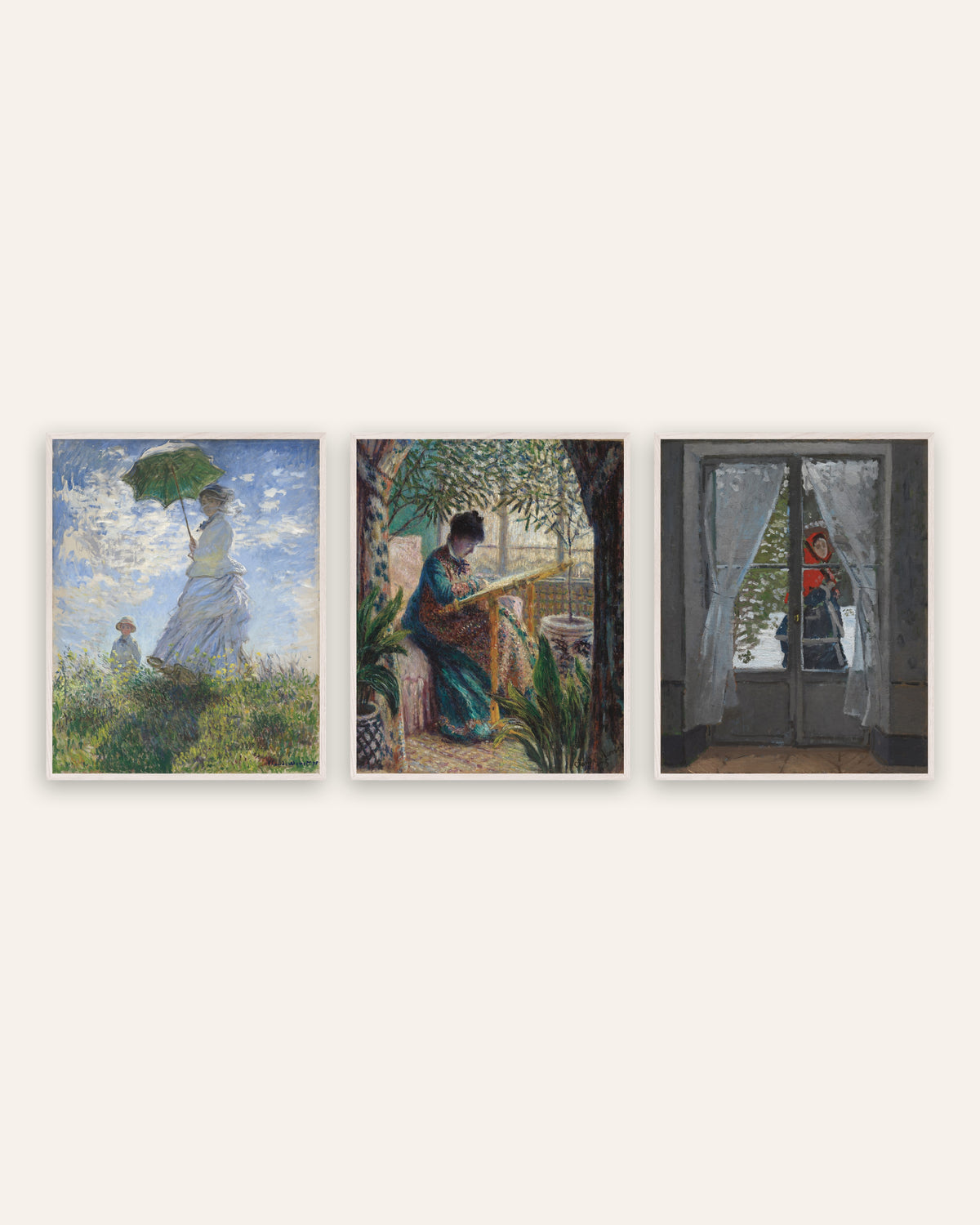 Poster di Monet, set da 3: Camille, Donna con parasole e Il fazzoletto rosso, con cornici in rovere bianco
