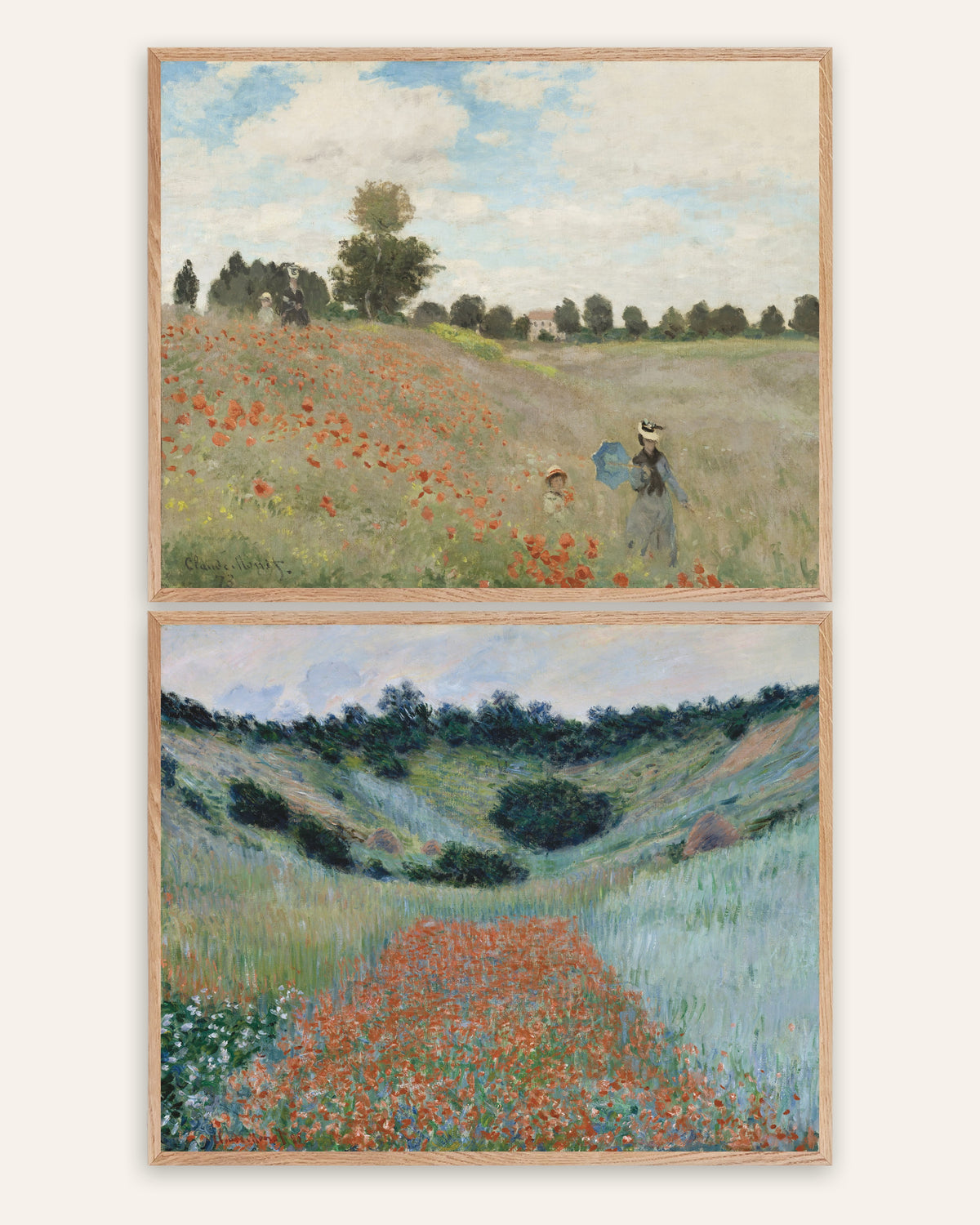 Monet Mohnfeld Poster 2er-Set: Argenteuil und Giverny, in Rahmen aus Natureiche