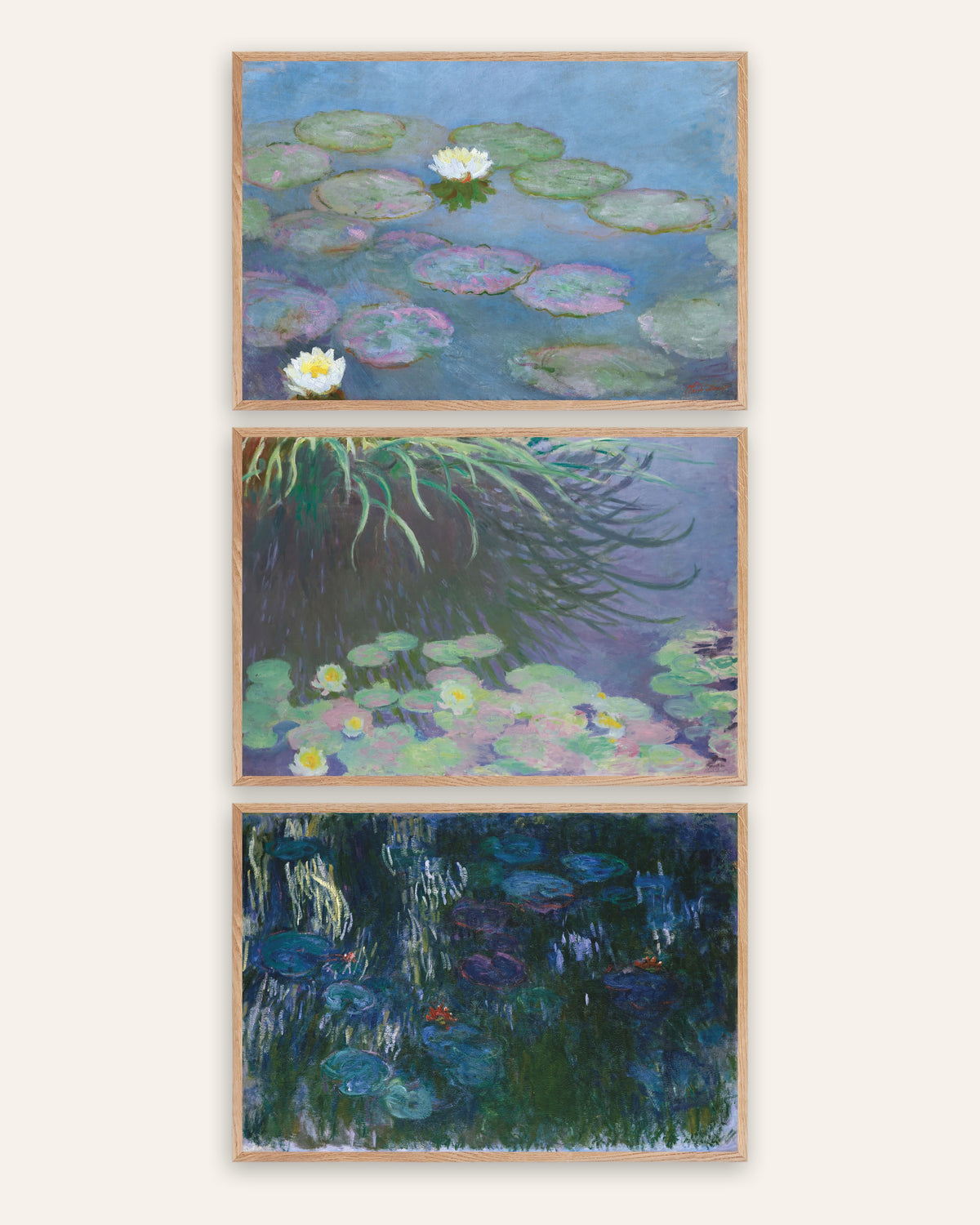 Monet Seerosen Poster 3er-Set: frühe und späte Panoramen, in Rahmen aus Natureiche