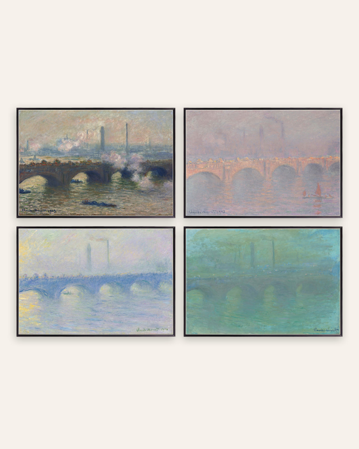 Monet Waterloo Bridge Poster 4er-Set: grauer Tag, Sonne, Nebel und Dämmerung, in schwarzen Metallrahmen