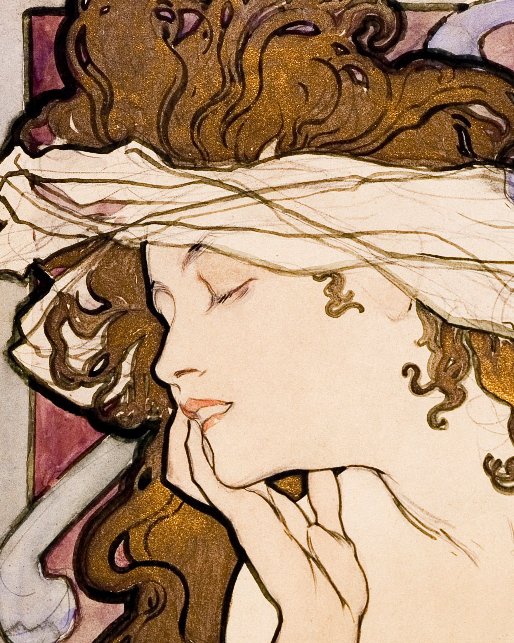 Artistic depiction of a woman's face with flowing hair, by Mucha.