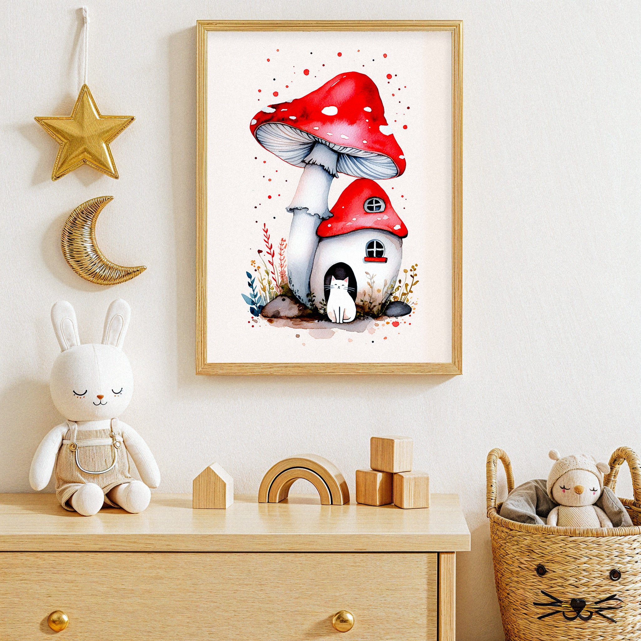 Kids room decor with mushroom house art print on wall