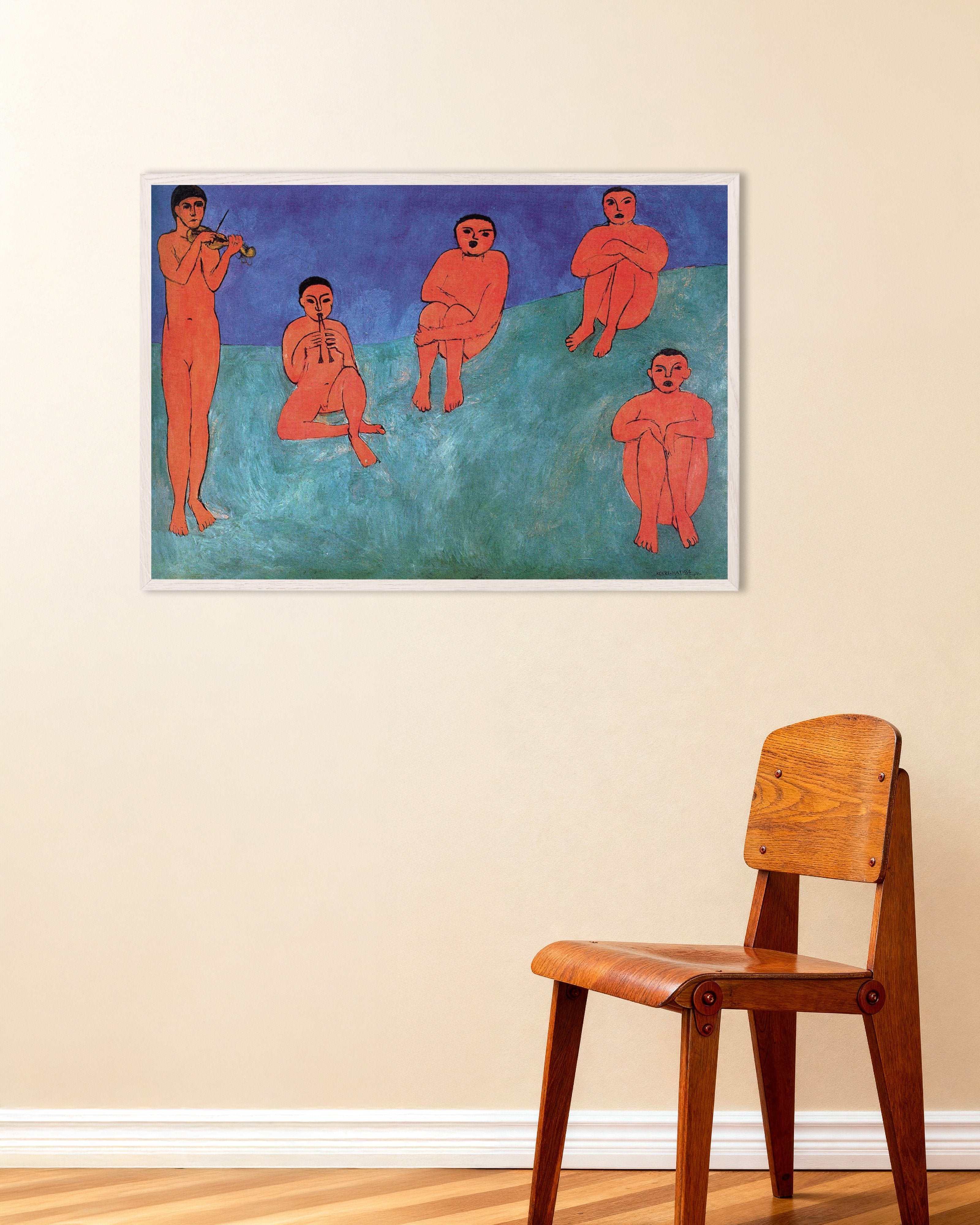 Poster of Music (1910) by Henri Matisse, with white wooden frame