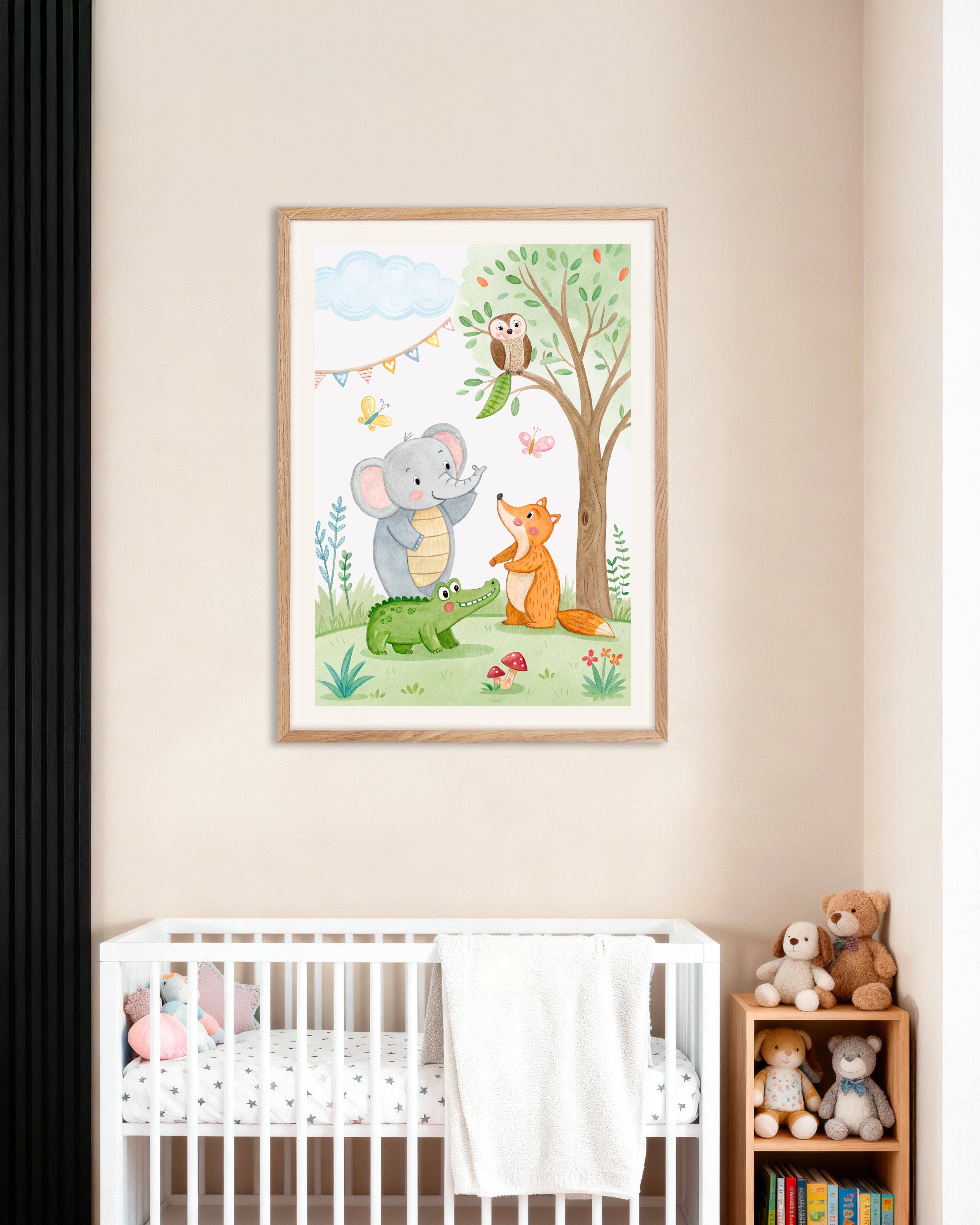 Poster of Nursery Birthday Poster - Wall Art Decor with cute animals, with natural wooden frame