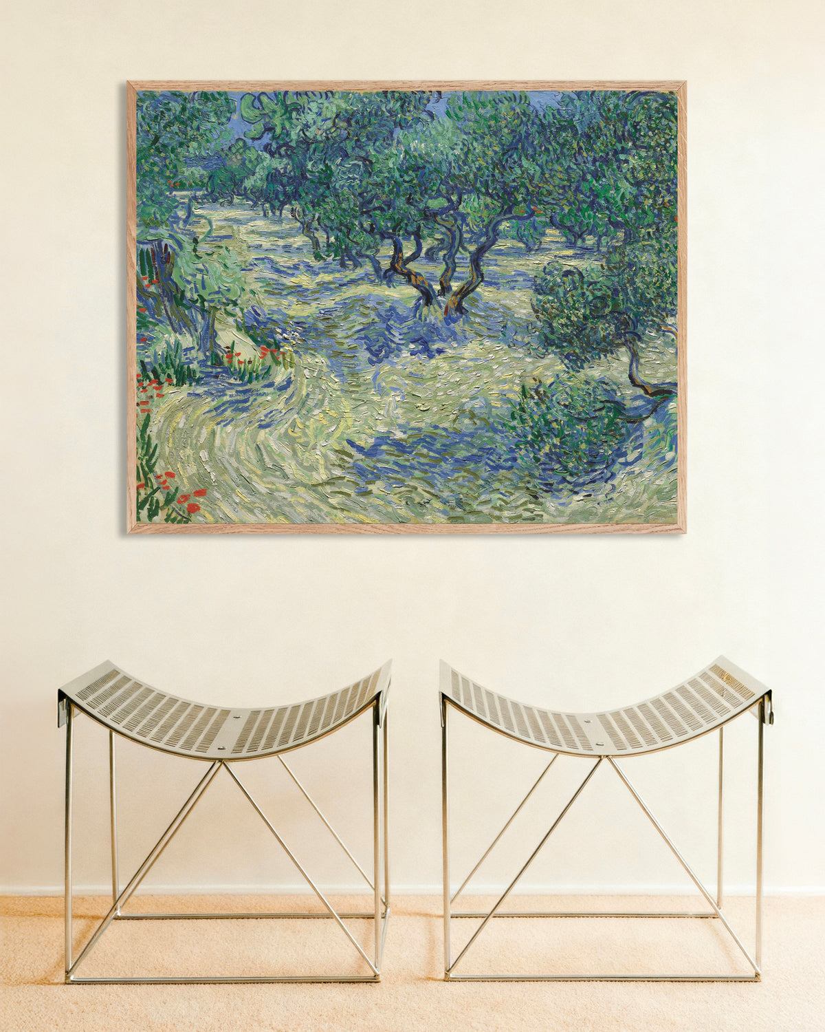 Poster de Verger d’oliviers (1889) de Vincent van Gogh, avec un cadre en bois naturel