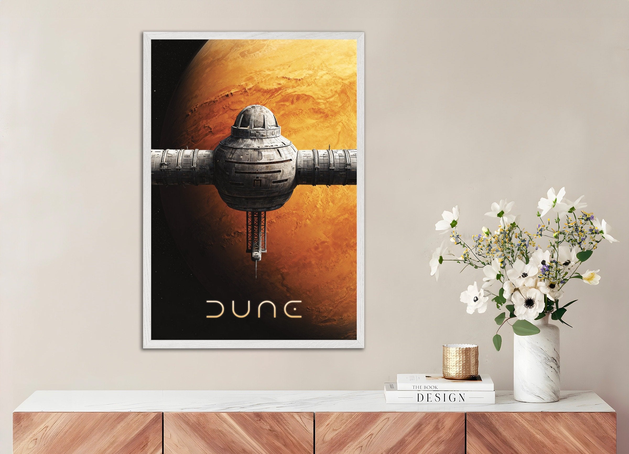 Poster of Orbital Station Poster, Dune, Sci-Fi Planet Art Print, with white wooden frame