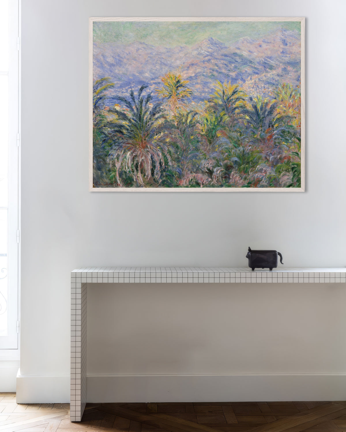 Affiche Palmiers à Bordighera (1884) de Claude Monet, avec un cadre en bois blanc