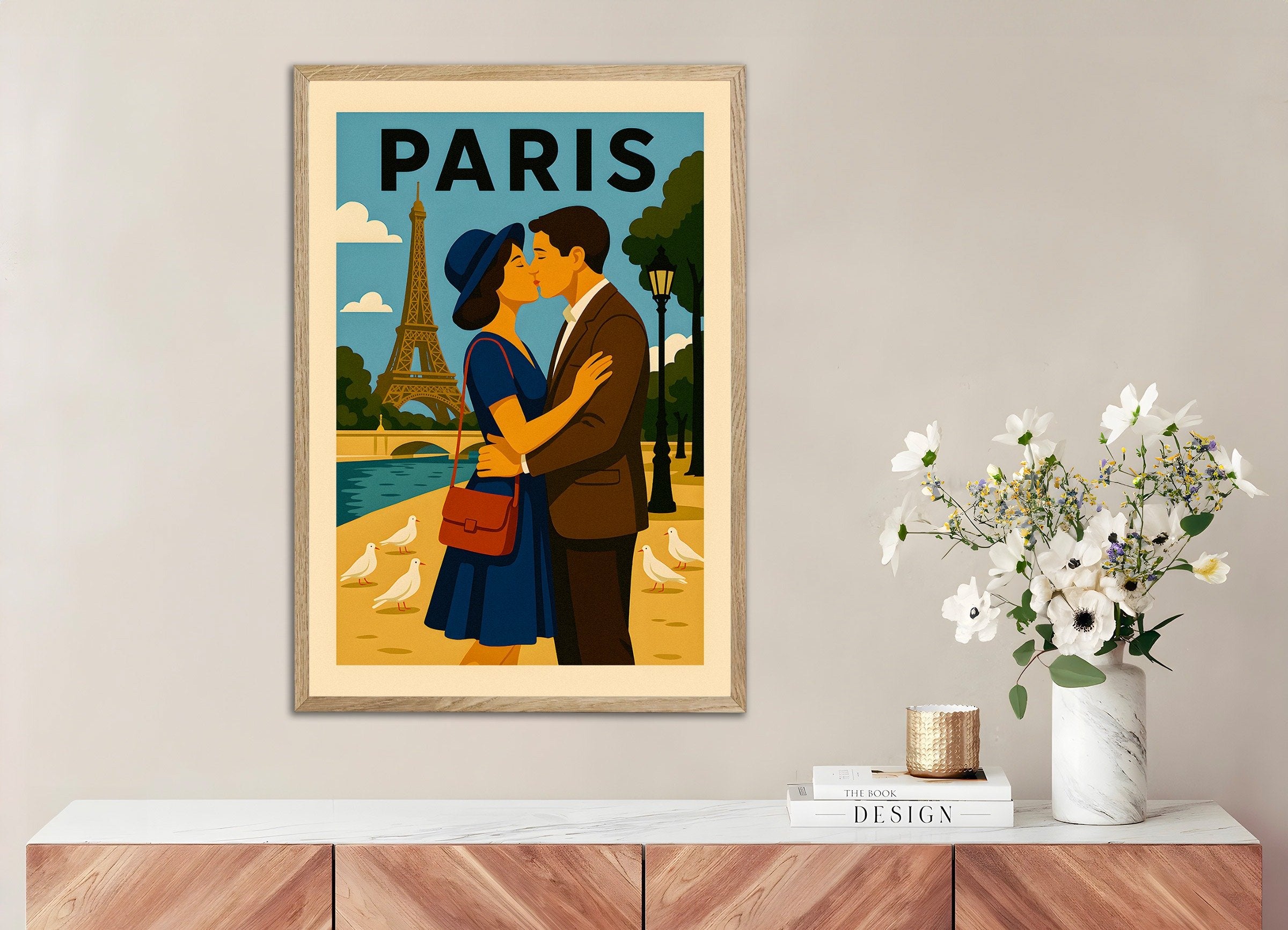 Poster of Paris Lovers Poster – Romantic Vintage-Style Illustration, with natural wooden frame