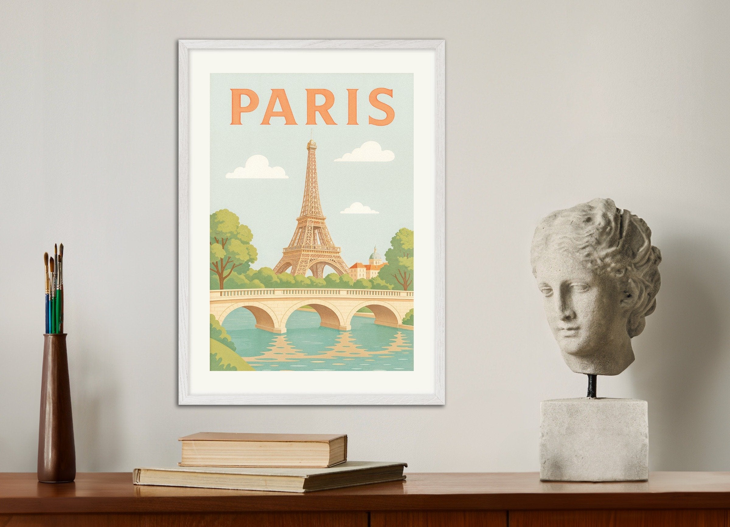 Poster of Paris – Soft Pastel Illustration of the Eiffel Tower - Poster, with white wooden frame