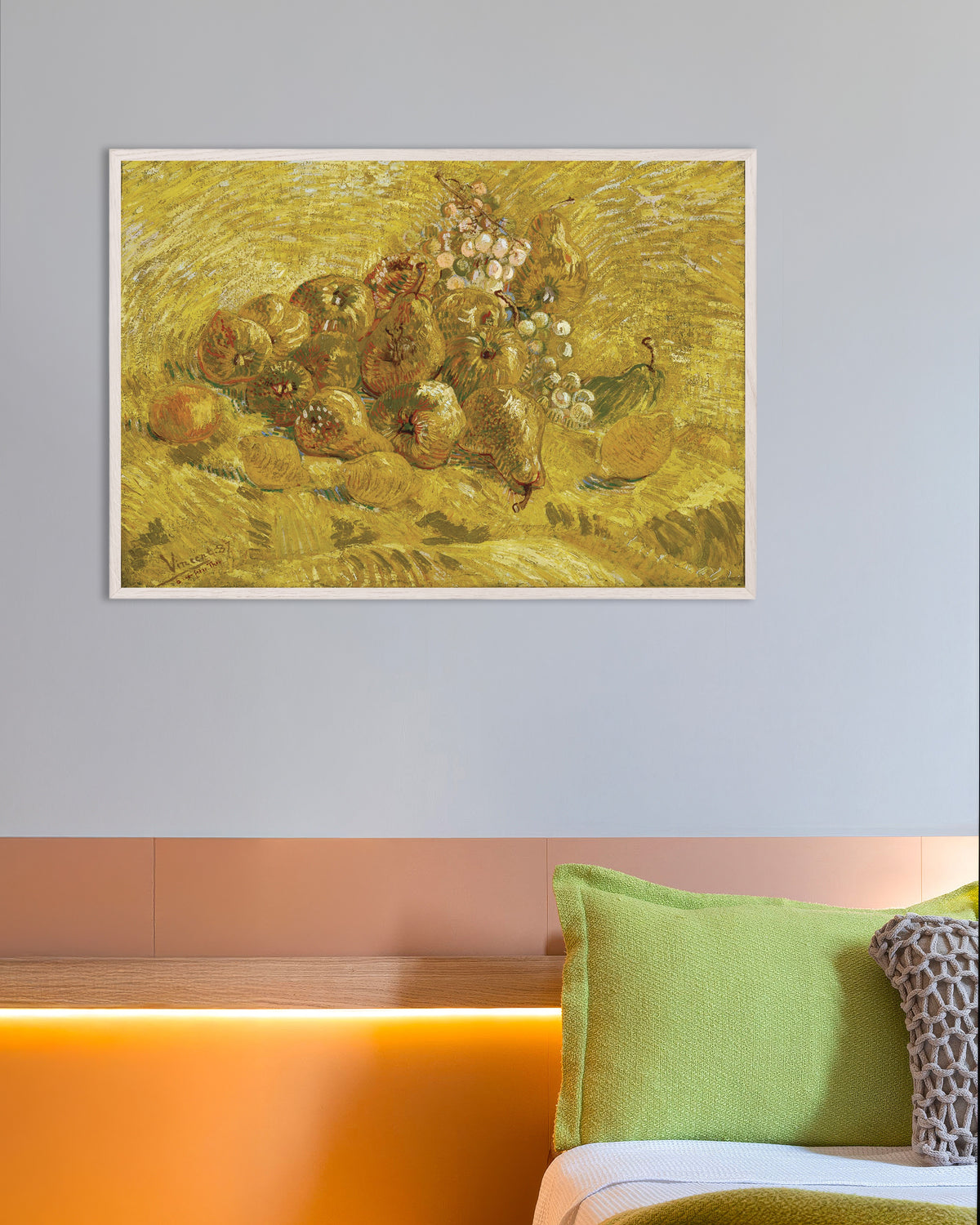 Poster di Cotogne, limoni, pere e uva (1887) di Vincent van Gogh, con cornice in legno bianco