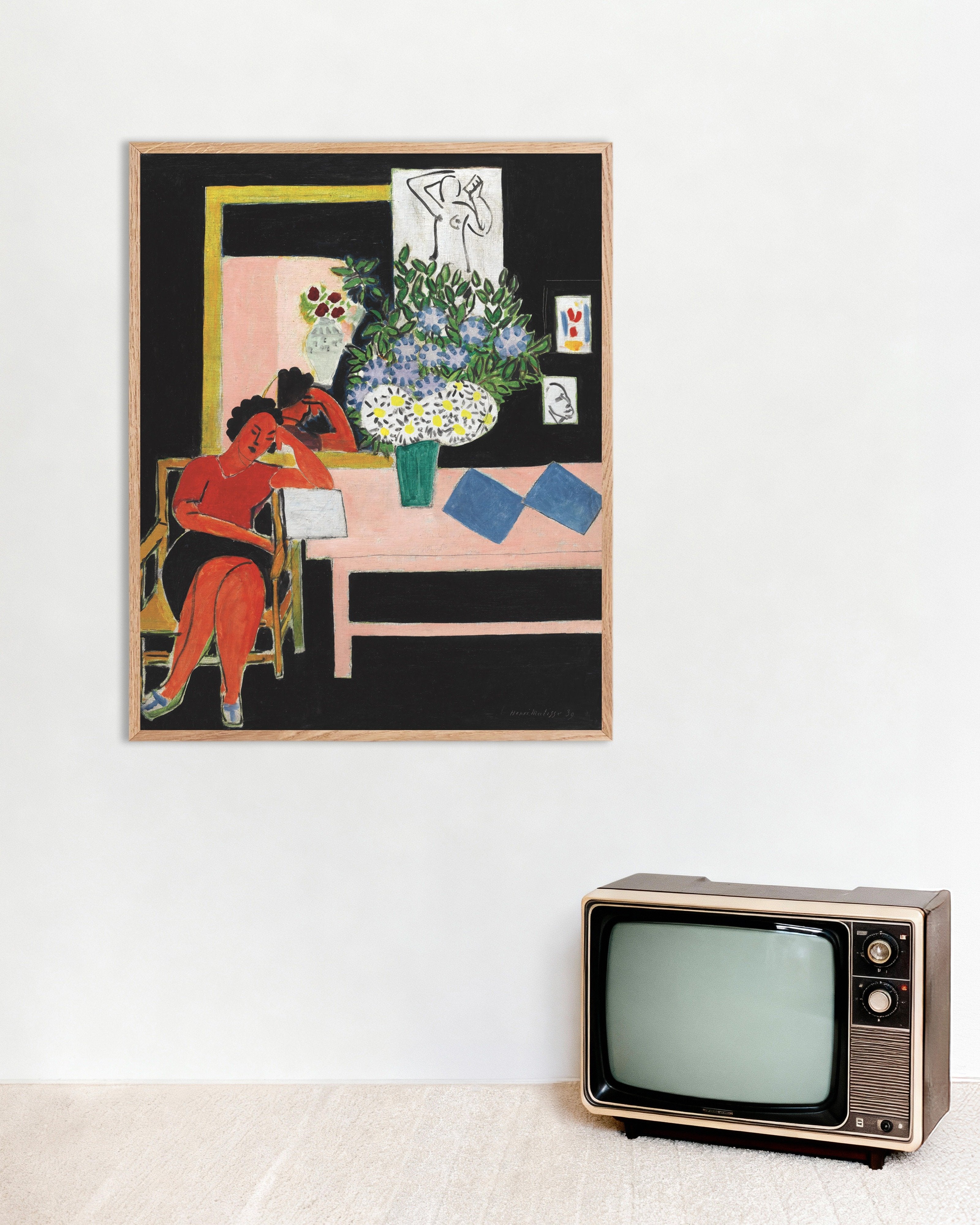 Poster of Reader on a Black Background (Liseuse sur fond noir) by Henri Matisse - Poster, with natural wooden frame