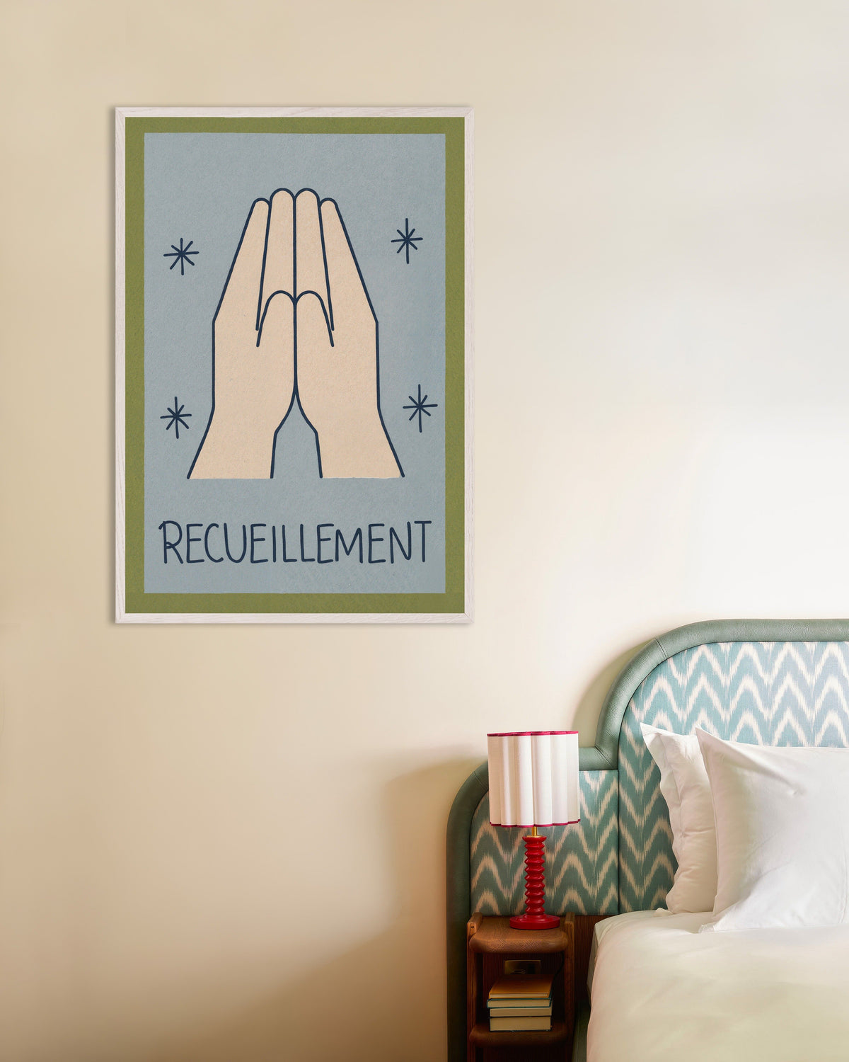 Poster Raccoglimento - Poster minimalista a linee sottili, con cornice in legno bianco