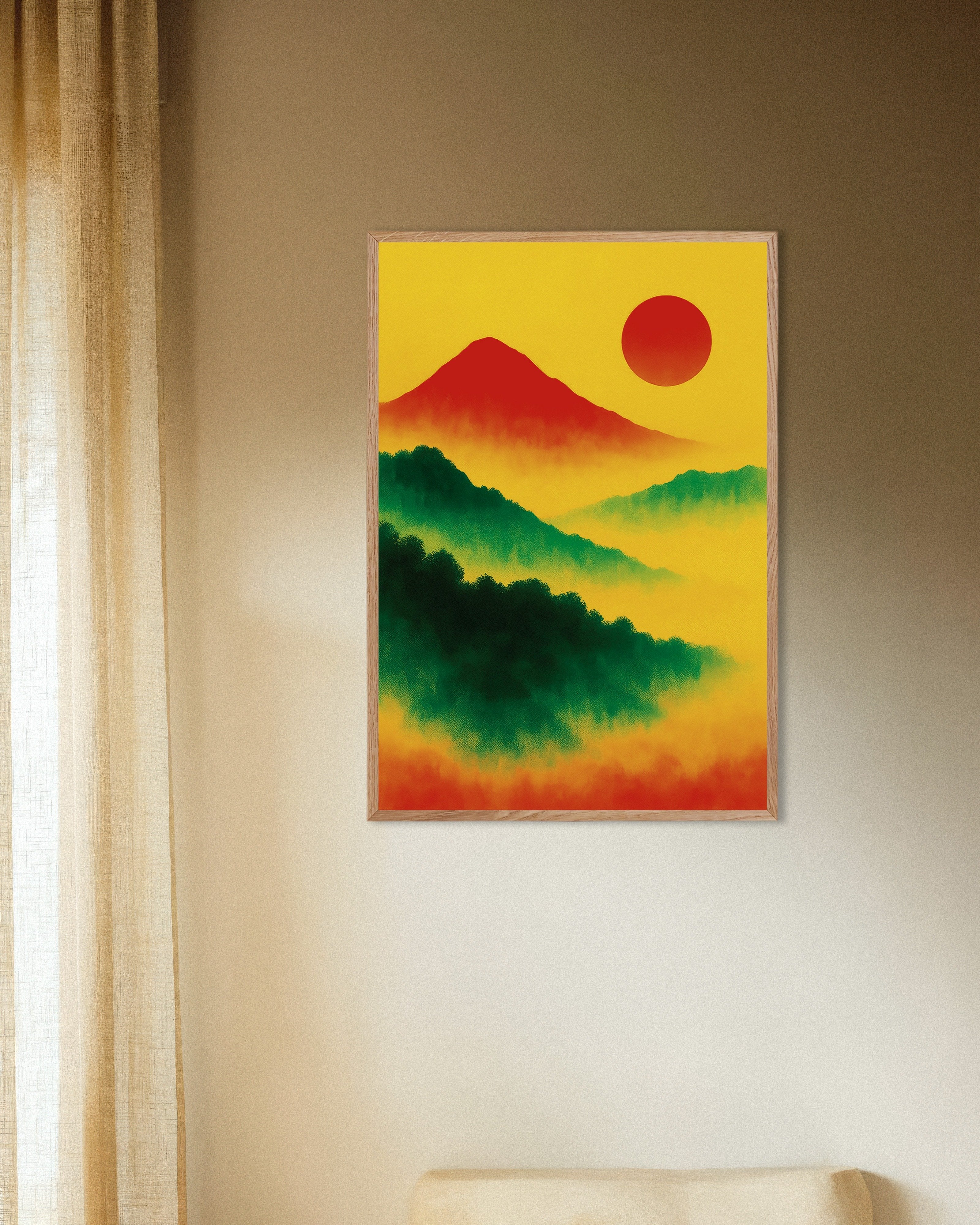 Poster of Red sun landscape art print, with natural wooden frame