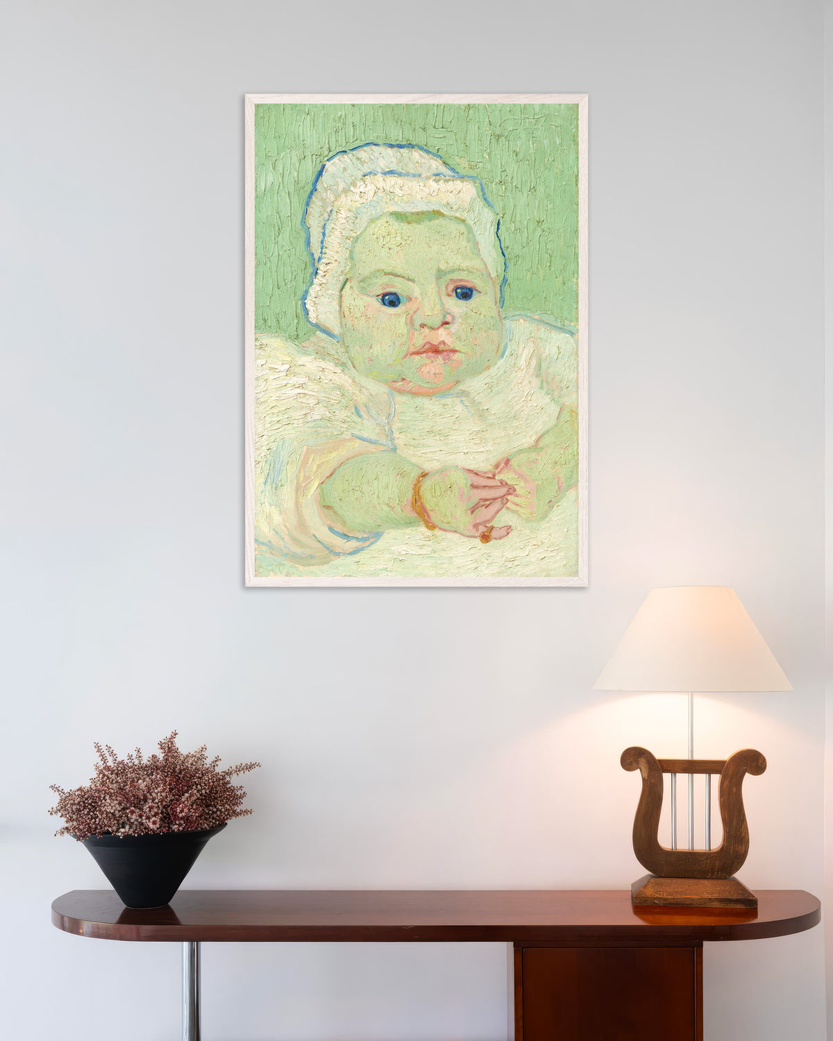 Poster de Le Bébé Roulin (1888), de Vincent van Gogh, avec un cadre en bois blanc