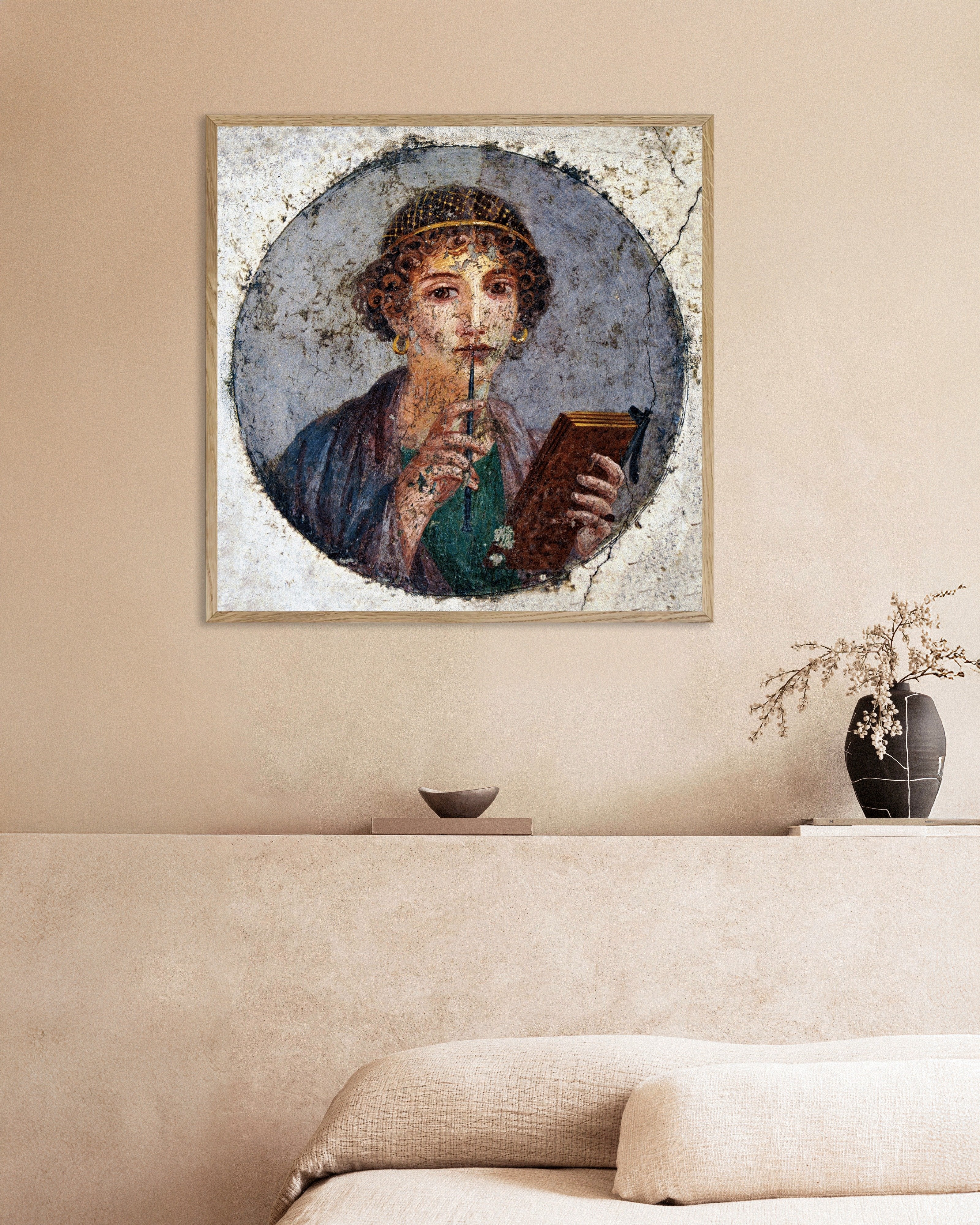 Poster of Sappho fresco poster from Pompeii, with natural wooden frame