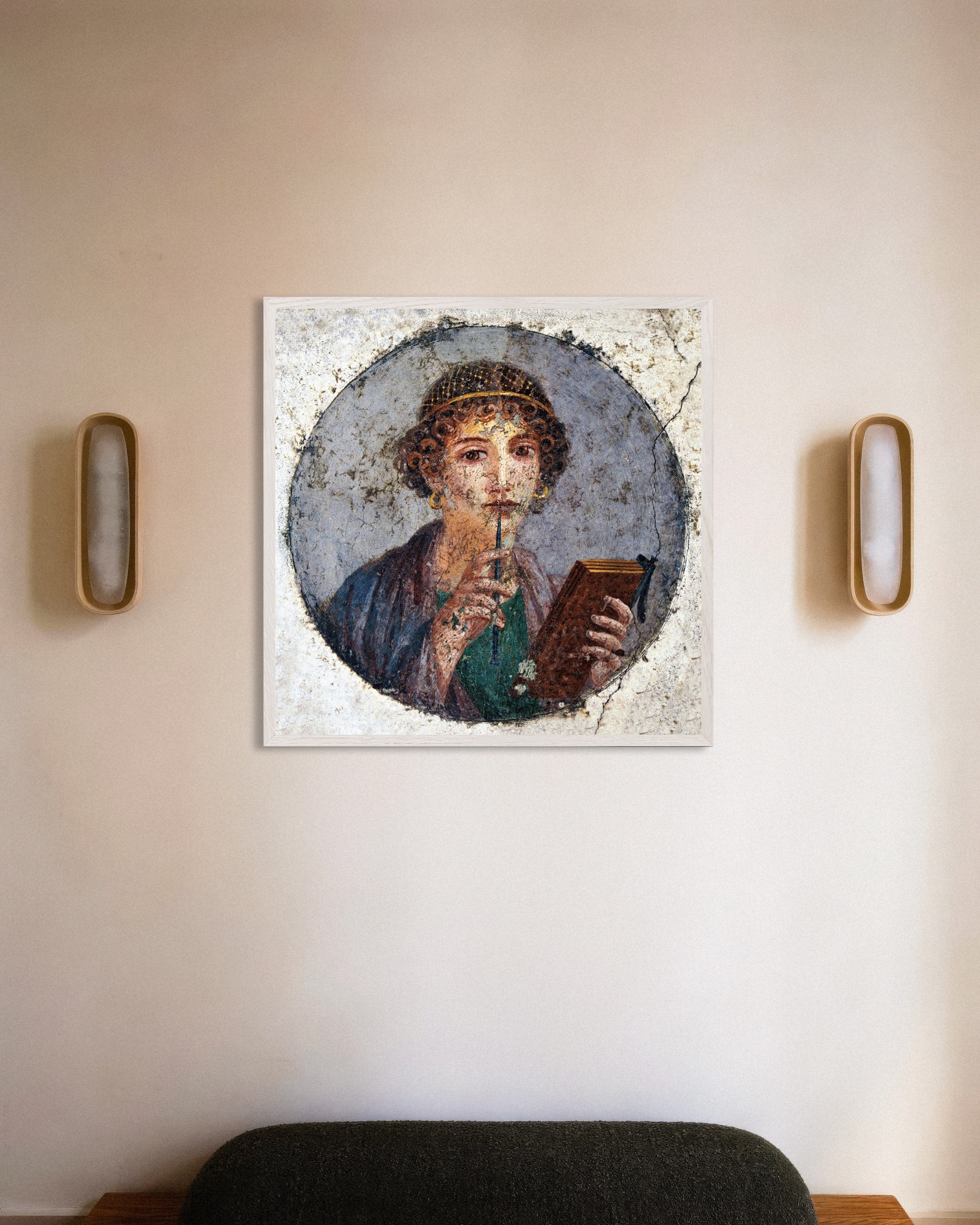 Poster of Sappho fresco poster from Pompeii, with white wooden frame