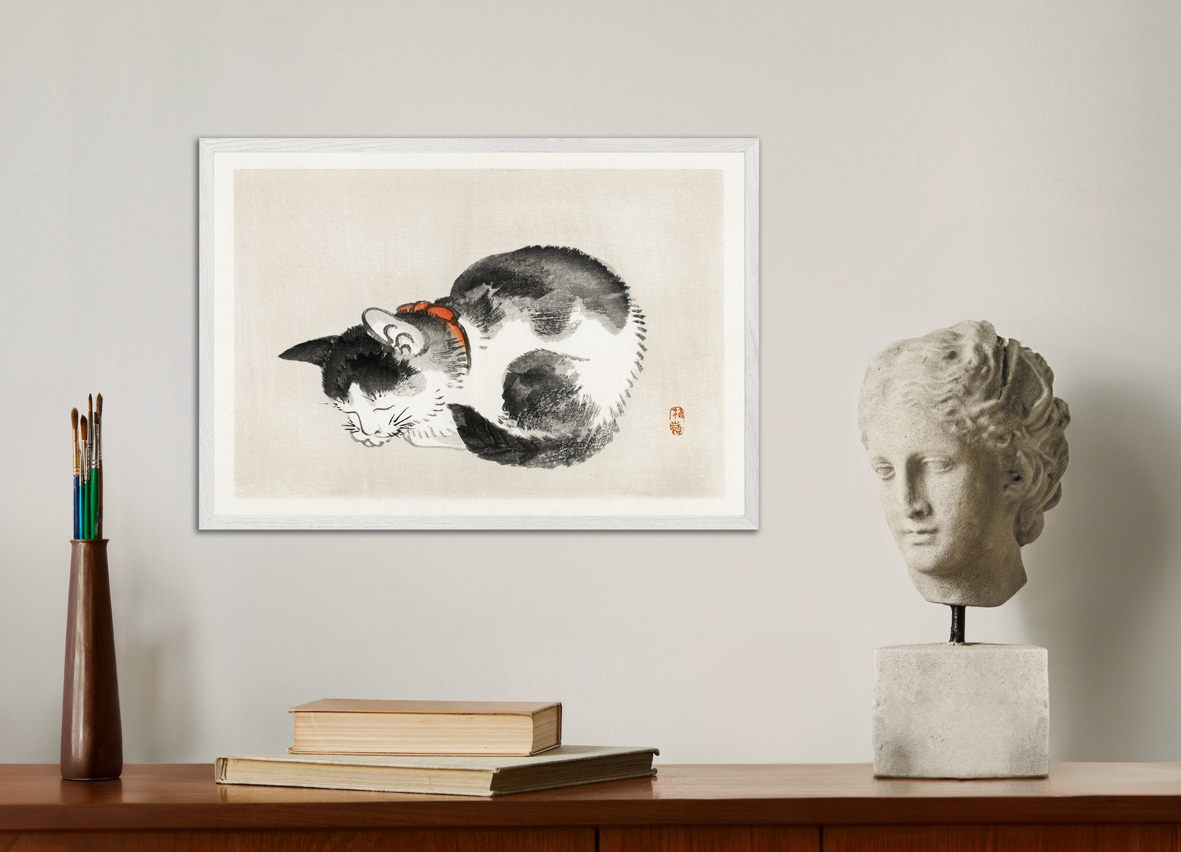 Poster of Sleeping cat, Kōno Bairei, with white wooden frame