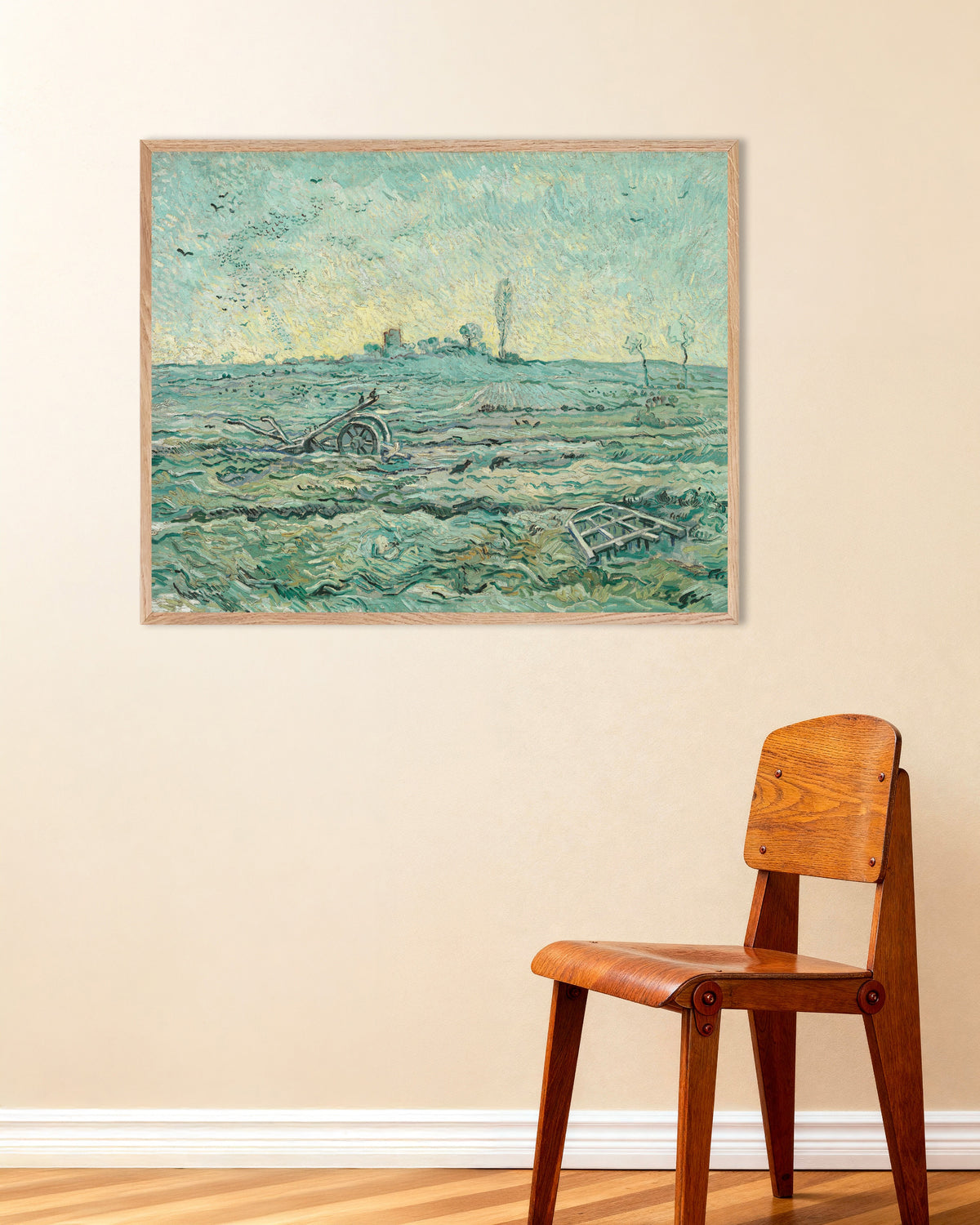 Poster di Campo innevato con un erpice, da Millet (1890) di Vincent van Gogh, con cornice in legno naturale