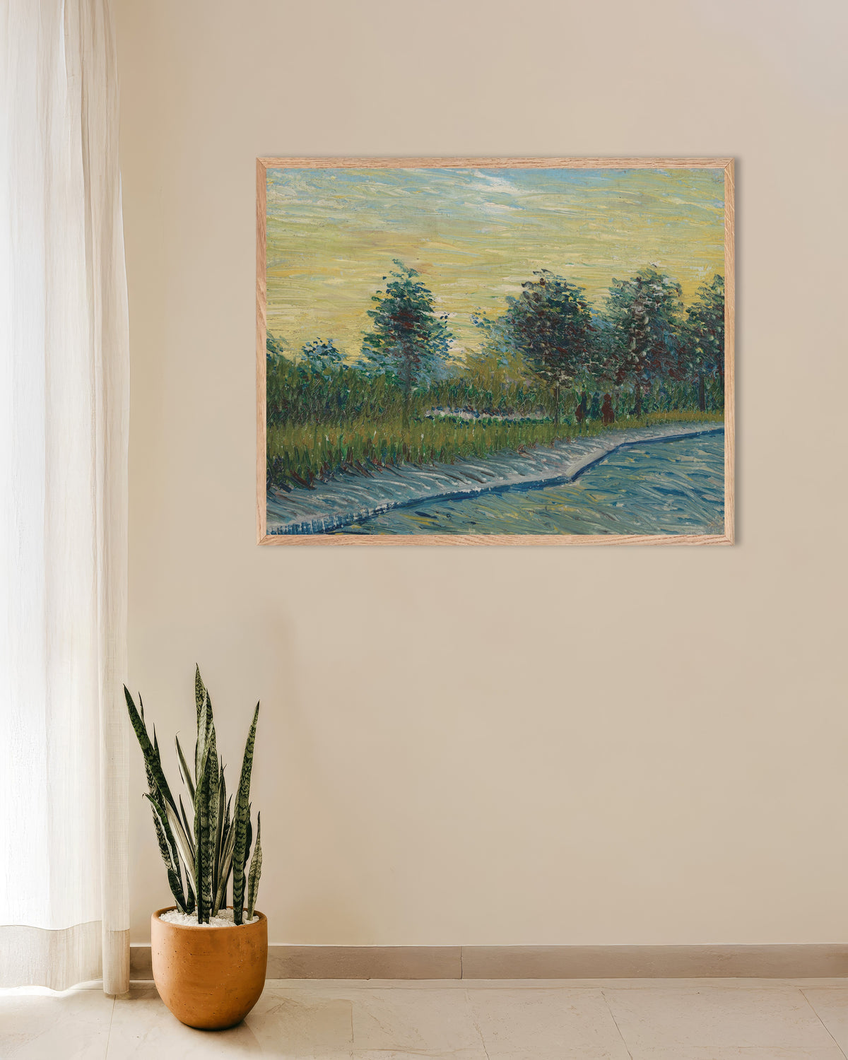 Poster de La place Saint-Pierre au coucher du soleil (1887), de Vincent van Gogh, avec cadre en bois naturel