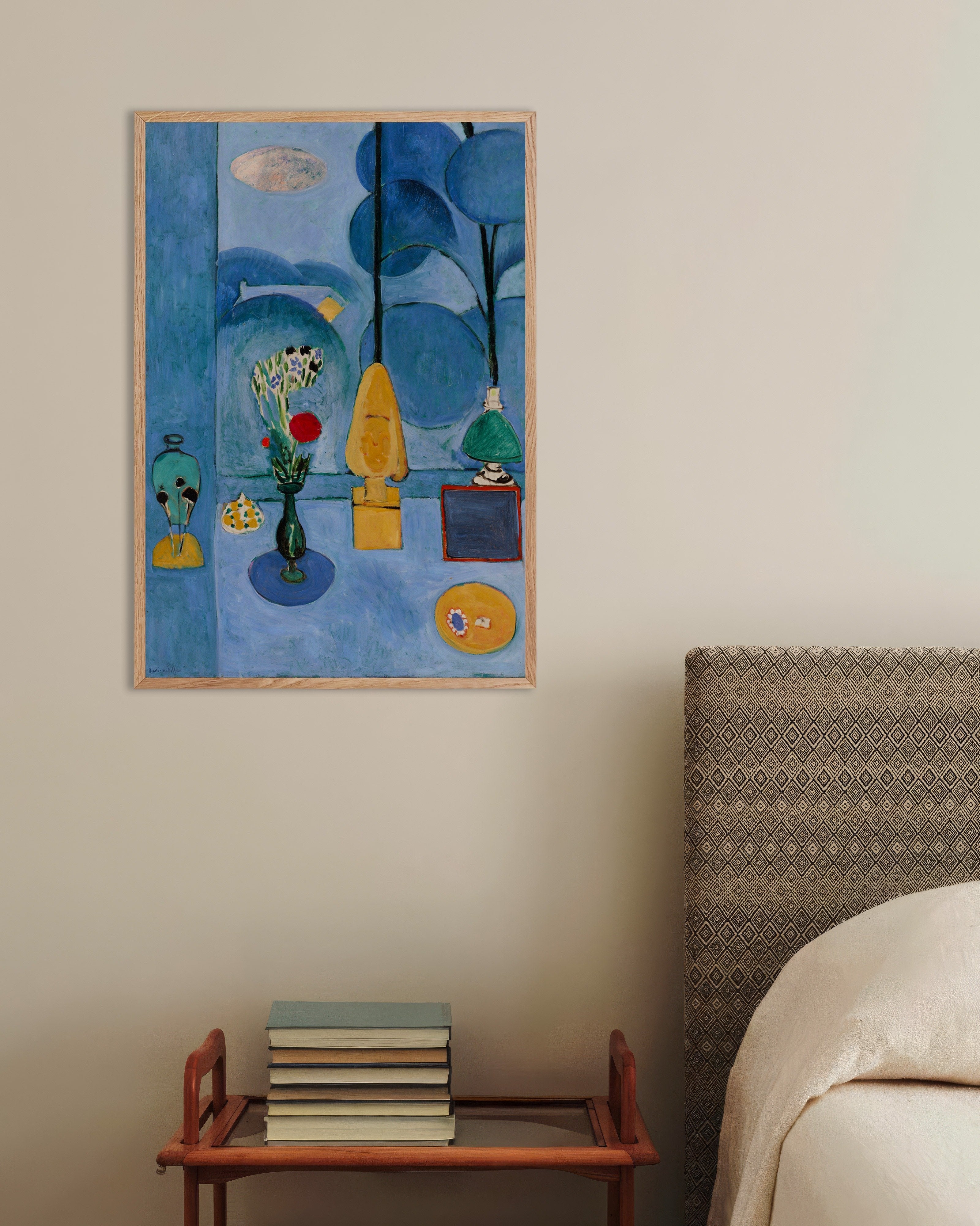 Poster of Still life with geraniums (1910) by Henri Matisse, with natural wooden frame