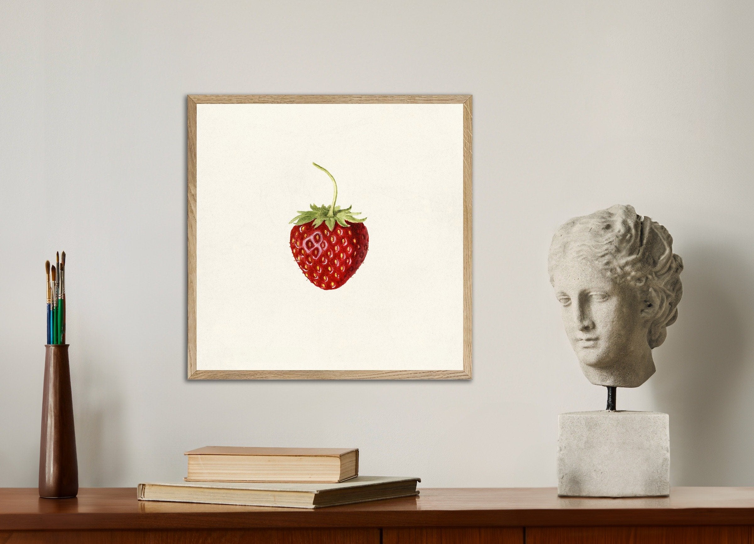 Poster of Strawberry Poster - Watercolor, with natural wooden frame