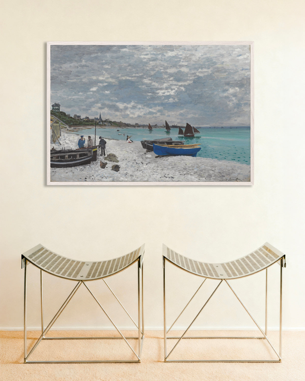 Affiche La Plage de Sainte-Adresse (1867) de Claude Monet, avec un cadre en bois blanc