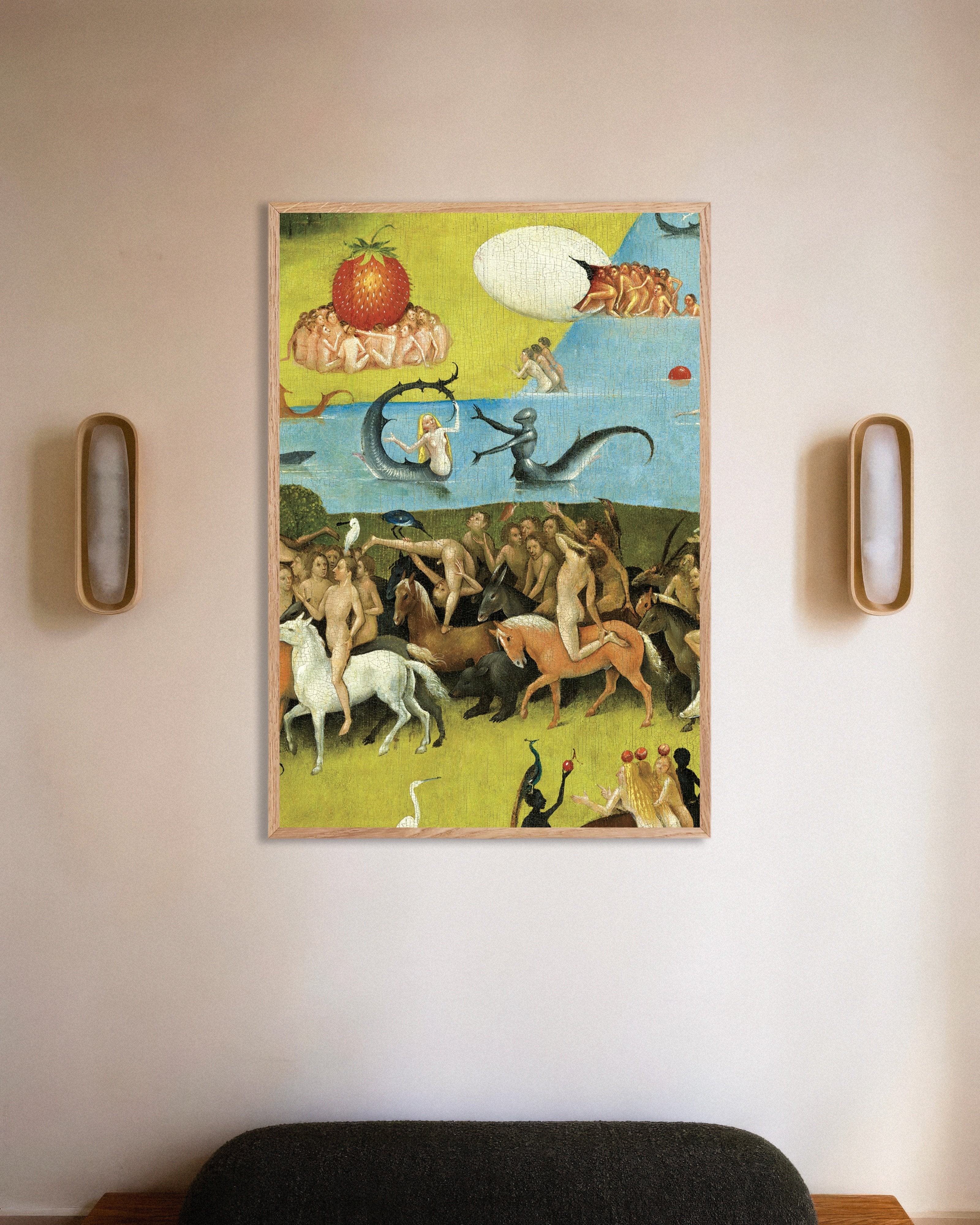 Poster of The cavalcade and the strawberry - Detail from The Garden of Earthly Delights, with natural wooden frame