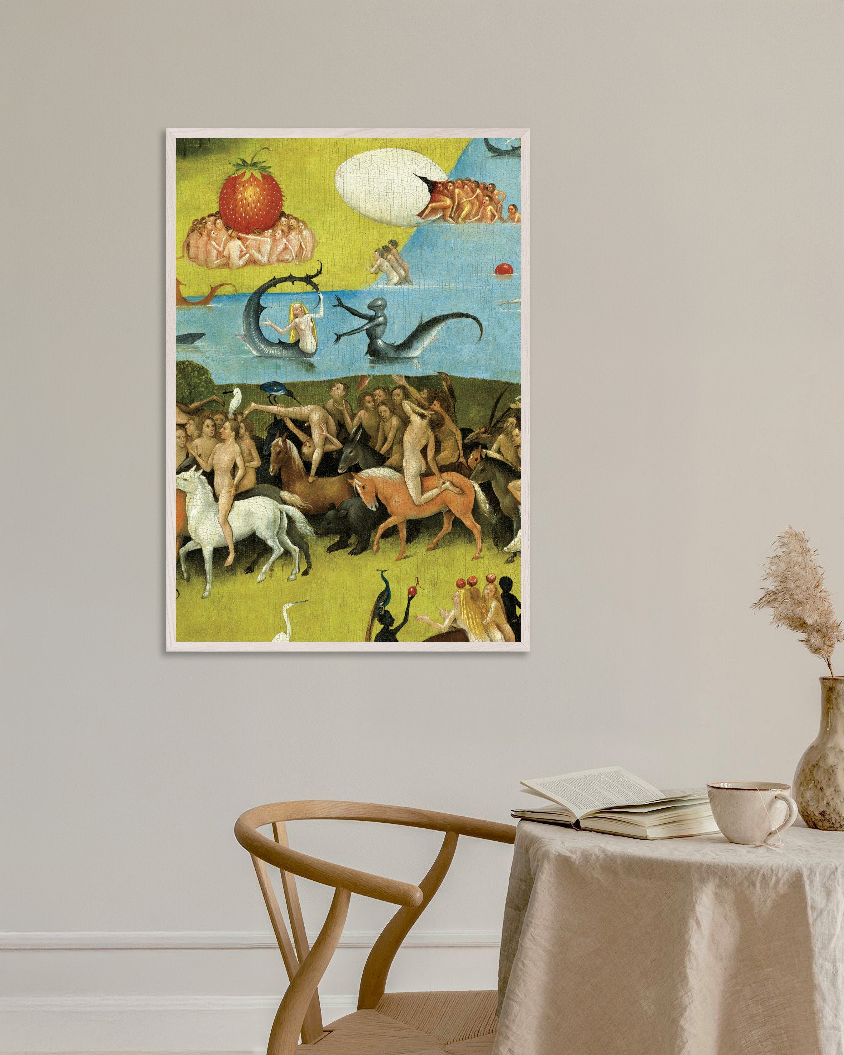 Poster of The cavalcade and the strawberry - Detail from The Garden of Earthly Delights, with white wooden frame