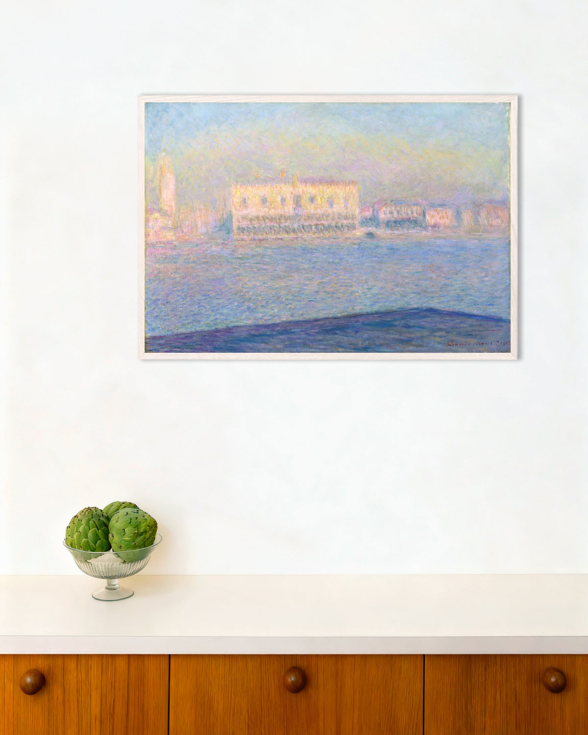 Affiche Le Palais ducal vu de Saint-Georges-Majeur (1908) de Claude Monet, avec un cadre en bois blanc