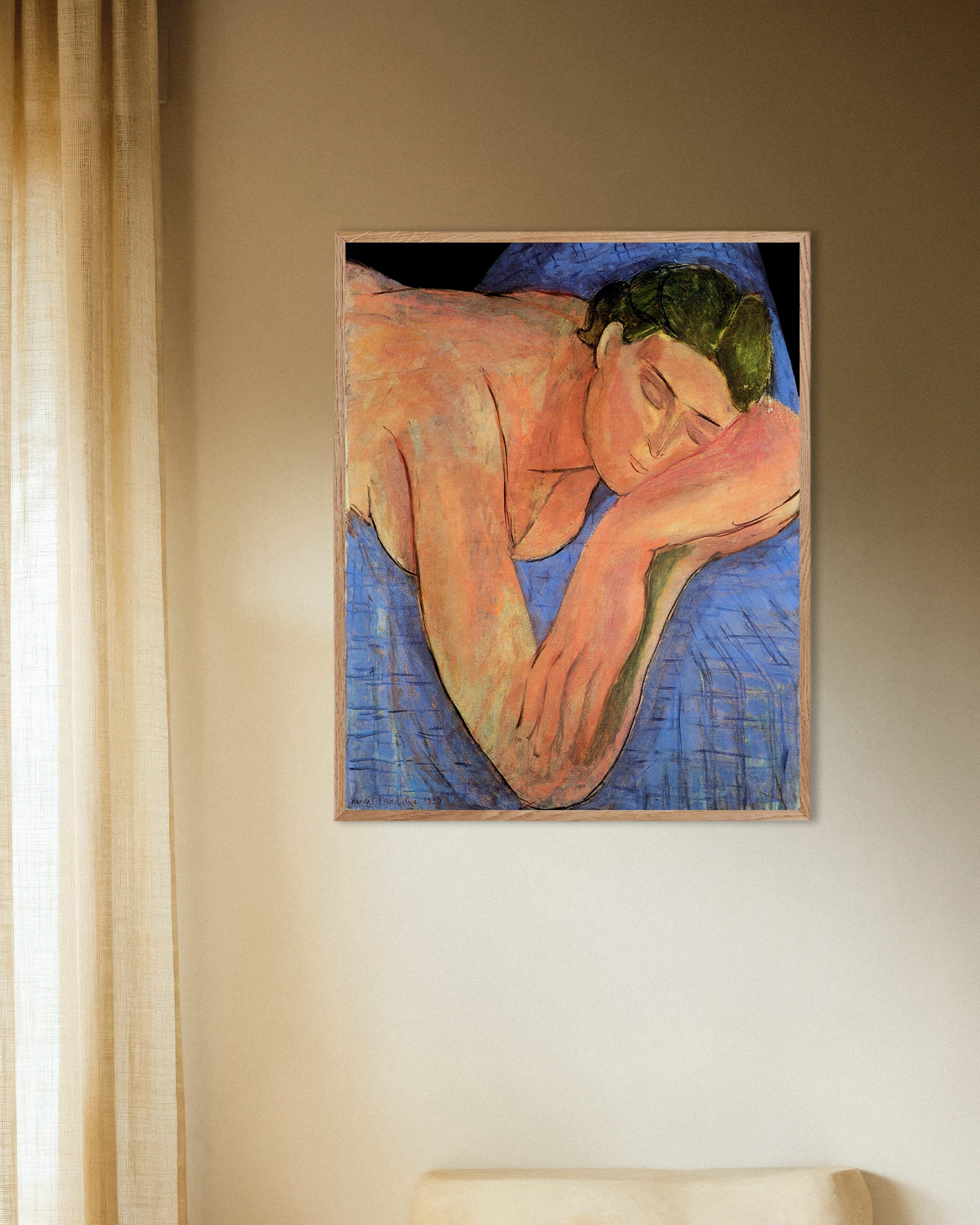 Poster of The dream (1935) by Henri Matisse, with natural wooden frame