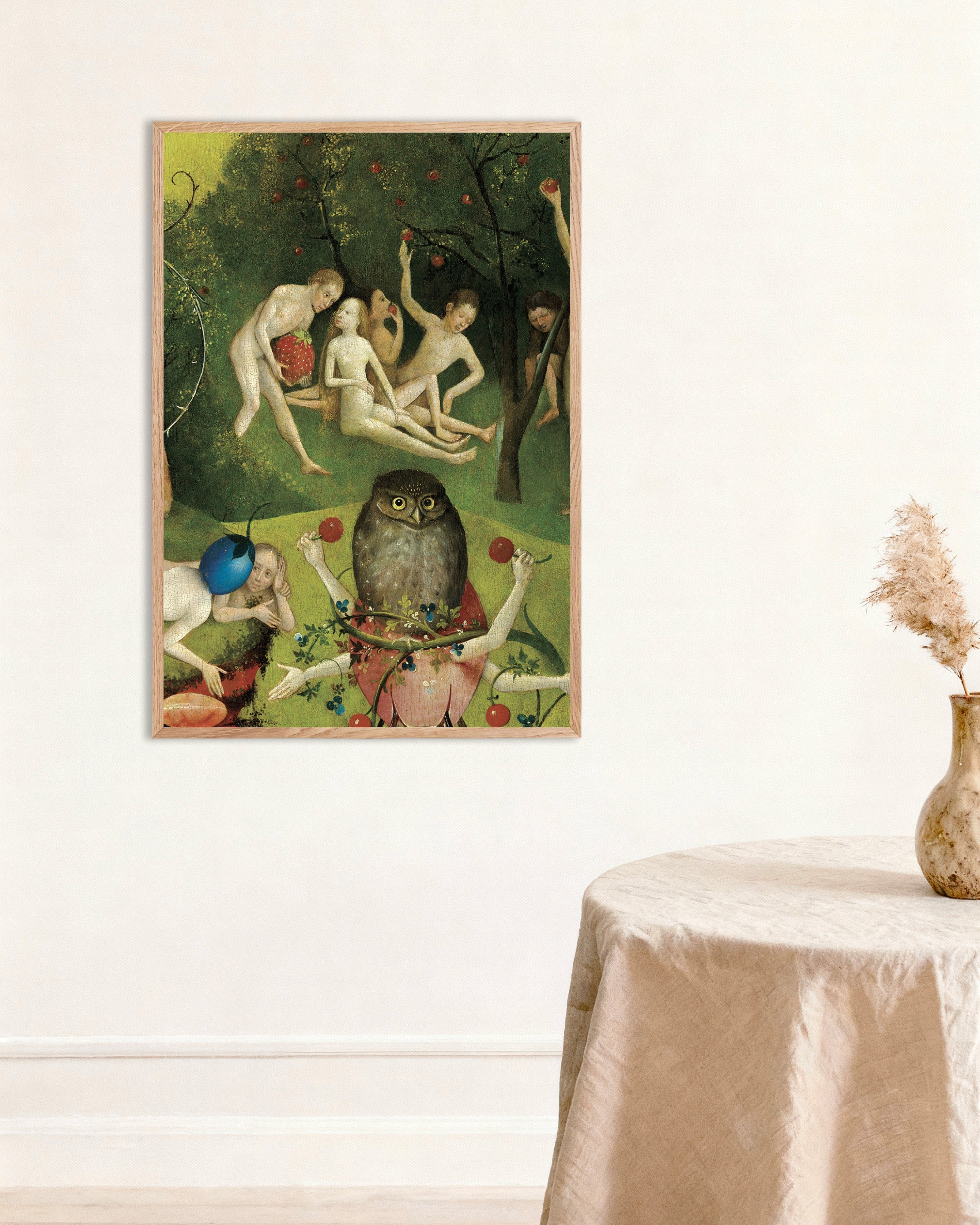 Poster of The giant owl and strawberry pickers - Detail from The Garden of Earthly Delights, with natural wooden frame