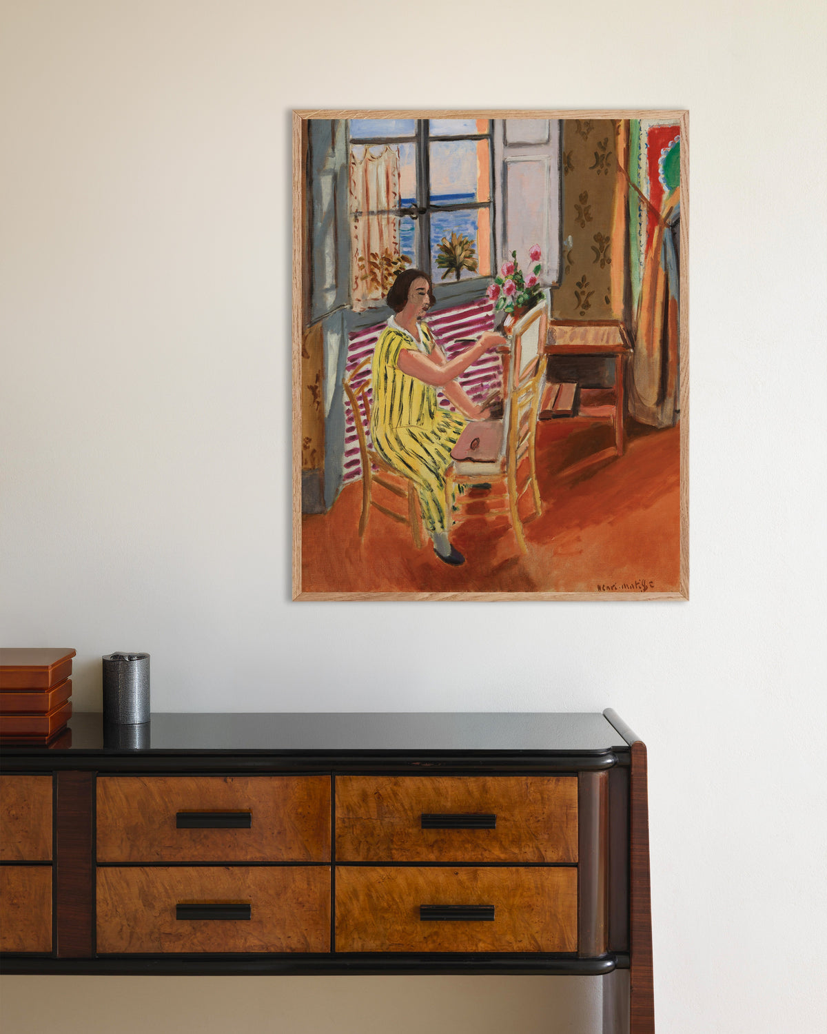 Poster Die Morgensitzung (1924) von Henri Matisse, mit naturfarbenem Holzrahmen