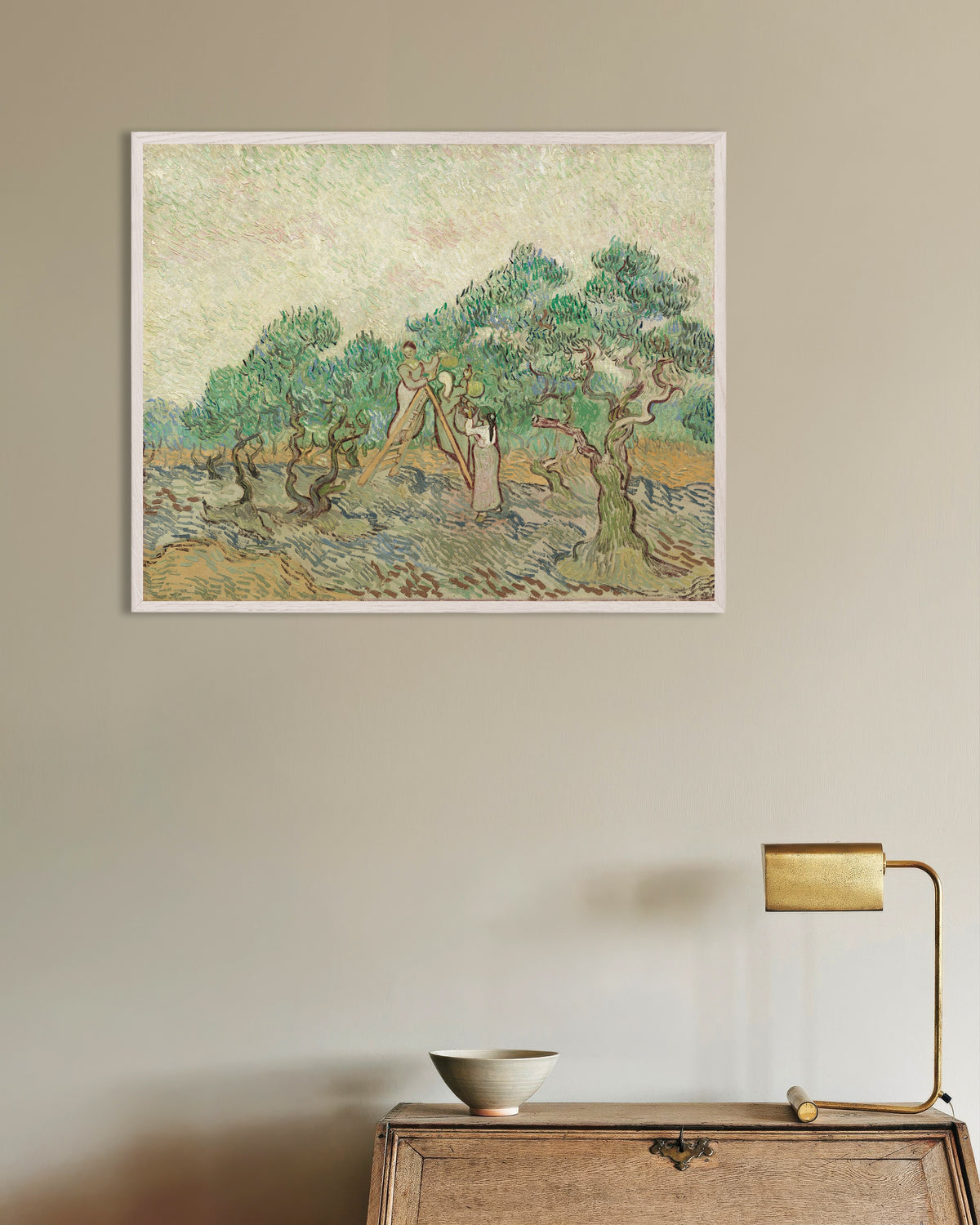 Poster di L'uliveto (1889) di Vincent van Gogh, con cornice in legno bianco